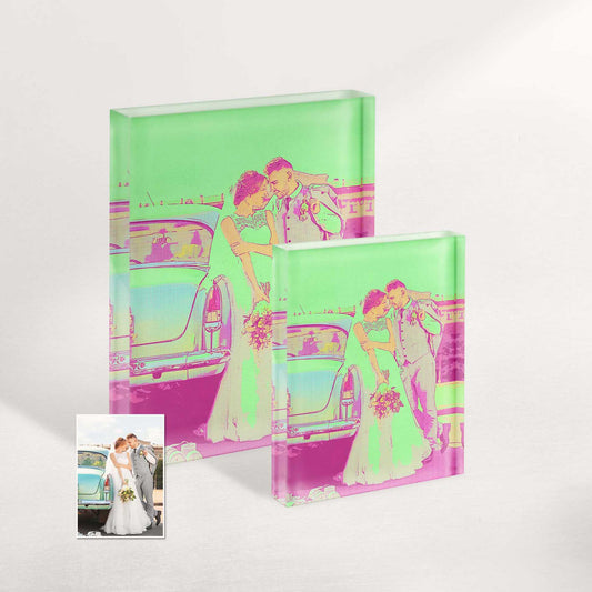 Infuse your space with personality and style with this personalized green and pink pop art acrylic block photo, a vibrant and unique addition to your home decor