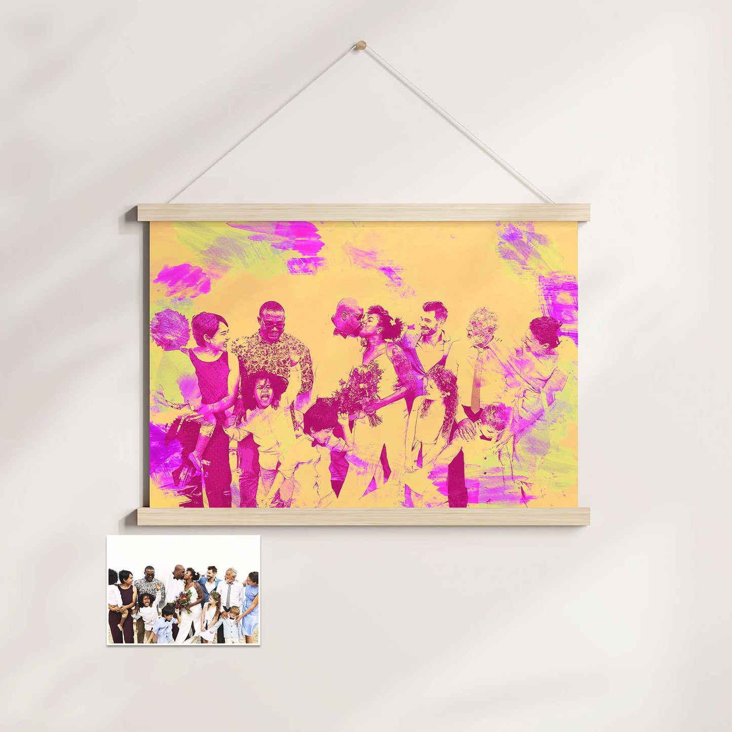 Transform your cherished memories into art with our Personalised Pink & Yellow Watercolor Poster Hanger. The realistic and classic watercolor effect creates a unique texture, while the vibrant pink and yellow hues 