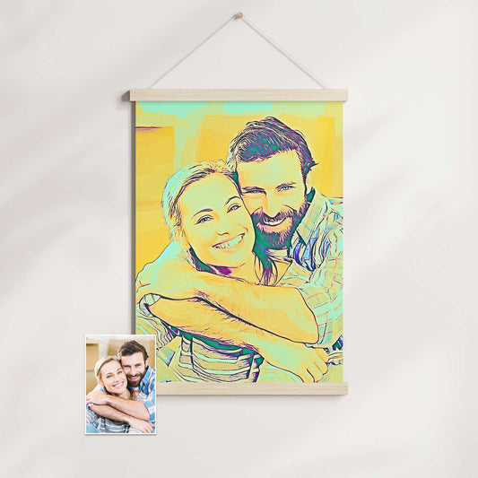 Personalised Blue & Yellow Cartoon Poster Hanger: Celebrate your loved ones and add a cheerful touch to your home decor with this artful and creative poster hanger. The retro comics book effect and halftone texture create a vintage vibe