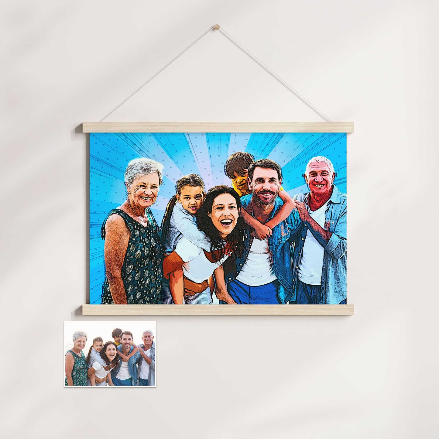 Personalised Cartoon Comics Poster Hanger: Transform your photos into a bespoke piece of art with our made-to-order Cartoon Comics Poster Hanger. The retro comic book effect, combined with the halftone texture, exudes an old school cool vibe