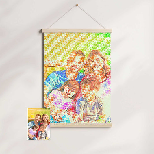 Personalised Drawing Crosshatch Poster Hanger: Transform your cherished photo into a vibrant and colorful work of art with our drawing from photo service. The crosshatch texture effect adds depth and texture, creating a vivid and joyful print