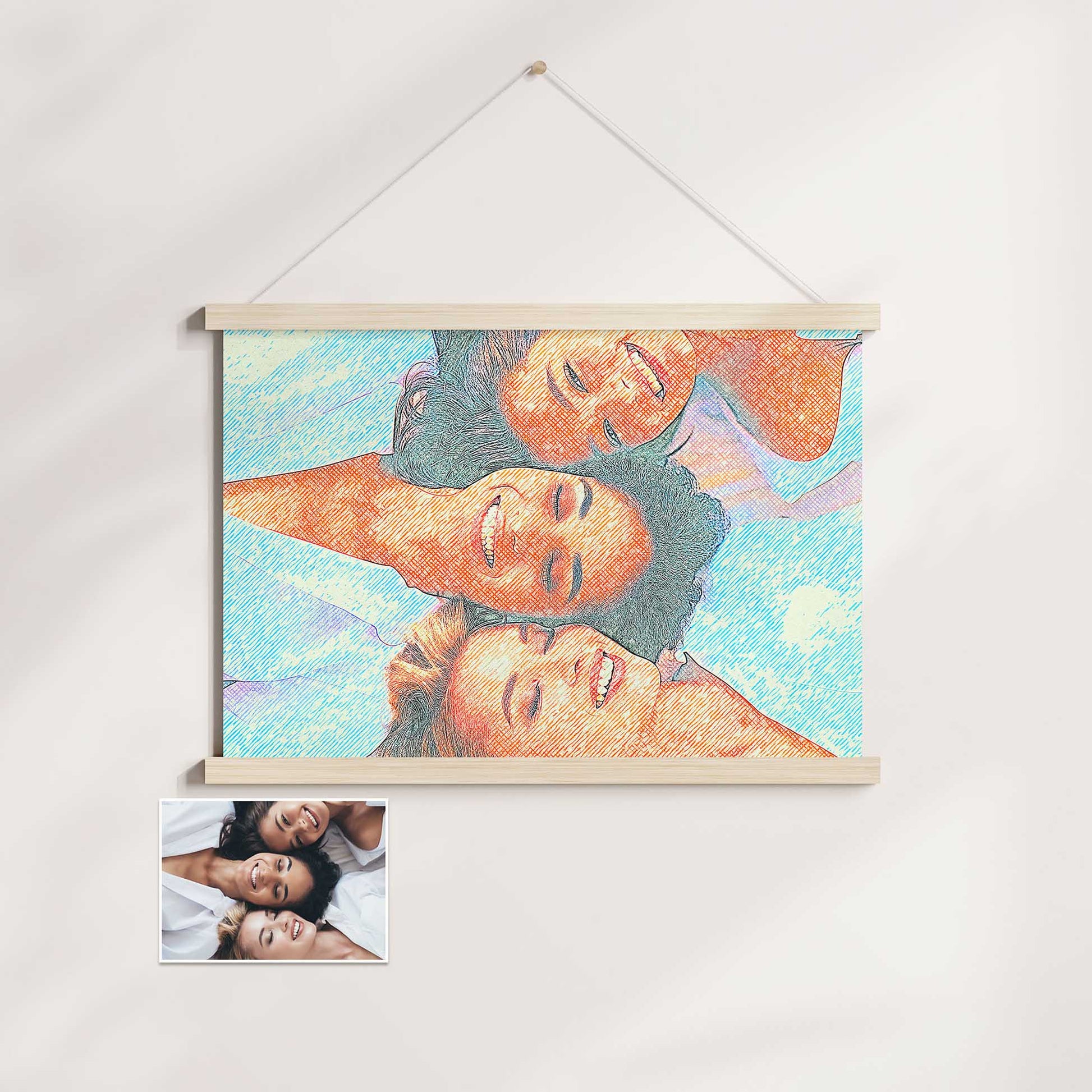 Drawing from Photo: Experience the cheer and inspiration of our Personalised Drawing Crosshatch Poster Hanger. The crosshatch texture effect brings your photo to life with vibrant colors and intricate details. Hang this museum-quality paper