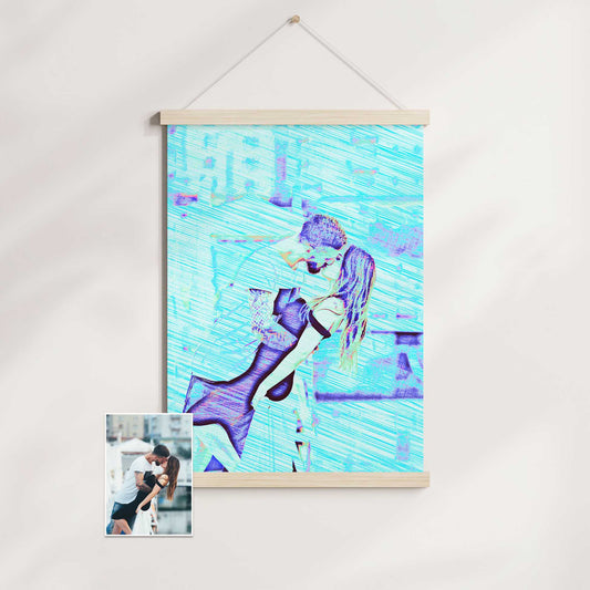 Celebrate life's special moments with the Personalised Blue Drawing Poster Hanger. This joyful wall art showcases a drawing created from your photo, transformed with a pencil effect and vibrant blue hues. Its cool and fresh vibe adds a touch