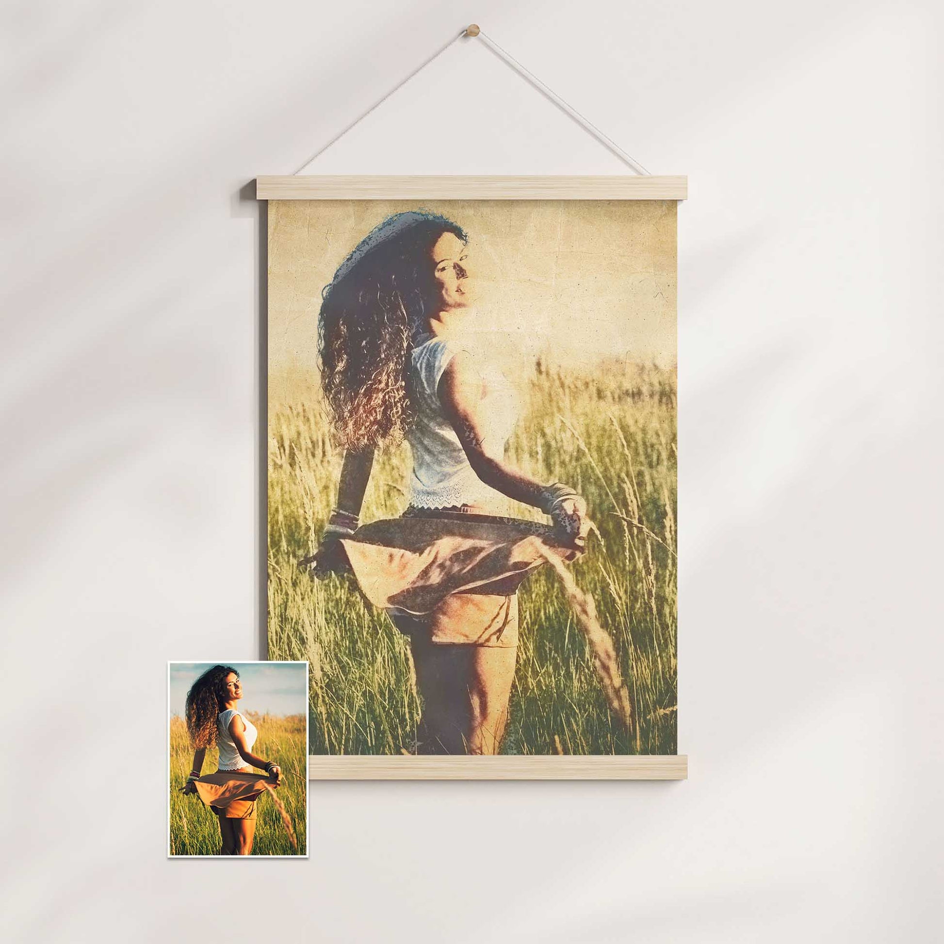 Add a touch of vintage charm to your interior with the Personalised Vintage Gouache Poster Hanger. Featuring a painting created from your photo, transformed with a vintage watercolor effect, it exudes an elegant and chic ambiance