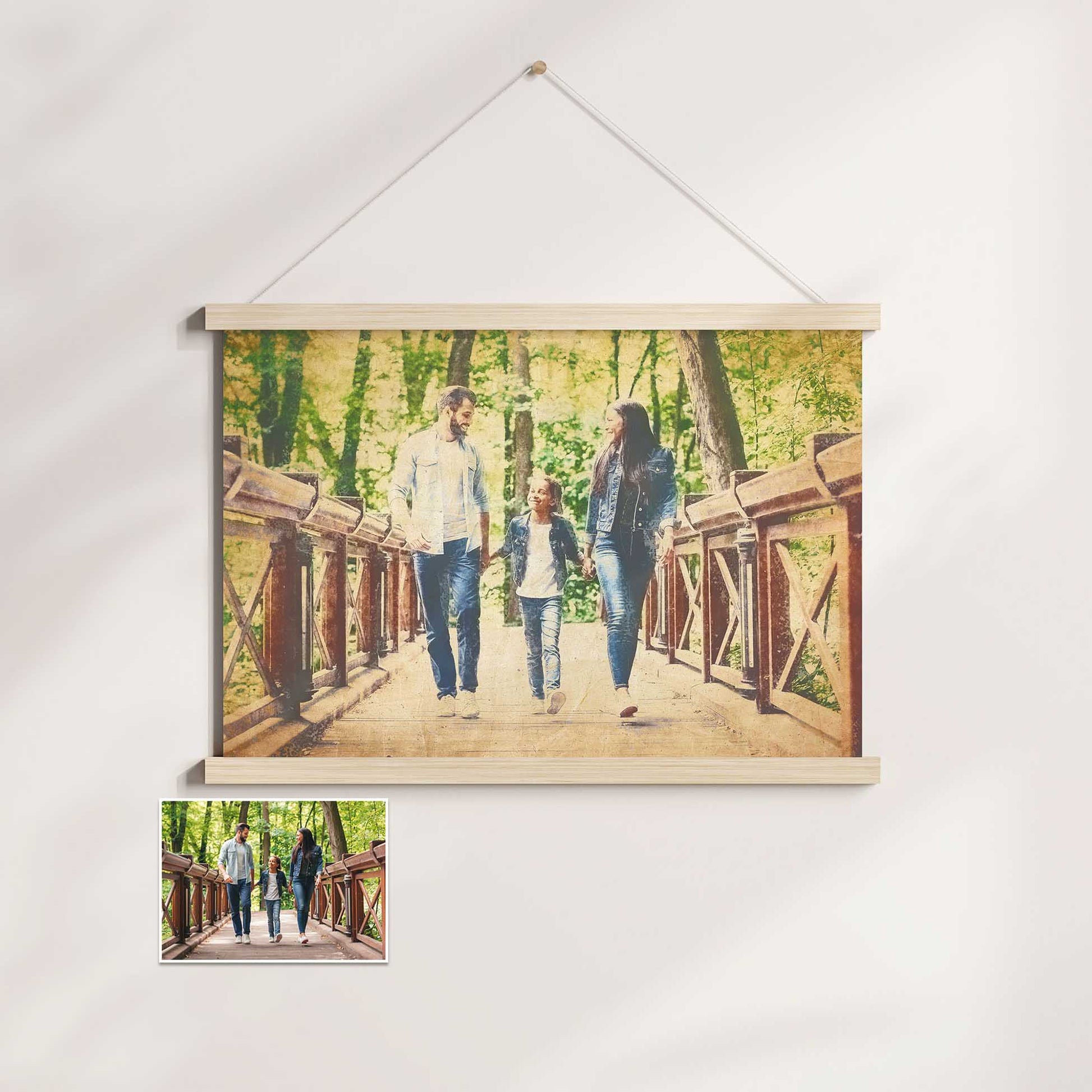 Elevate your home decor with the Personalised Vintage Gouache Poster Hanger. This elegant wall art showcases a painting created from your photo, enhanced with a vintage watercolor effect. Its traditional and classy design 