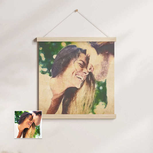 The Personalised Vintage Gouache Poster Hanger brings elegance and charm to your walls. With a painting created from your photo, enhanced with a vintage watercolor effect, it exudes a traditional and classy vibe