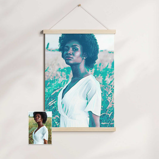 The Personalised Teal Grunge Poster Hanger is a unique blend of retro and artistic vibes. Created from your photo, it features a grunge effect and halftone filter, resulting in a mesmerizing print with teal hues