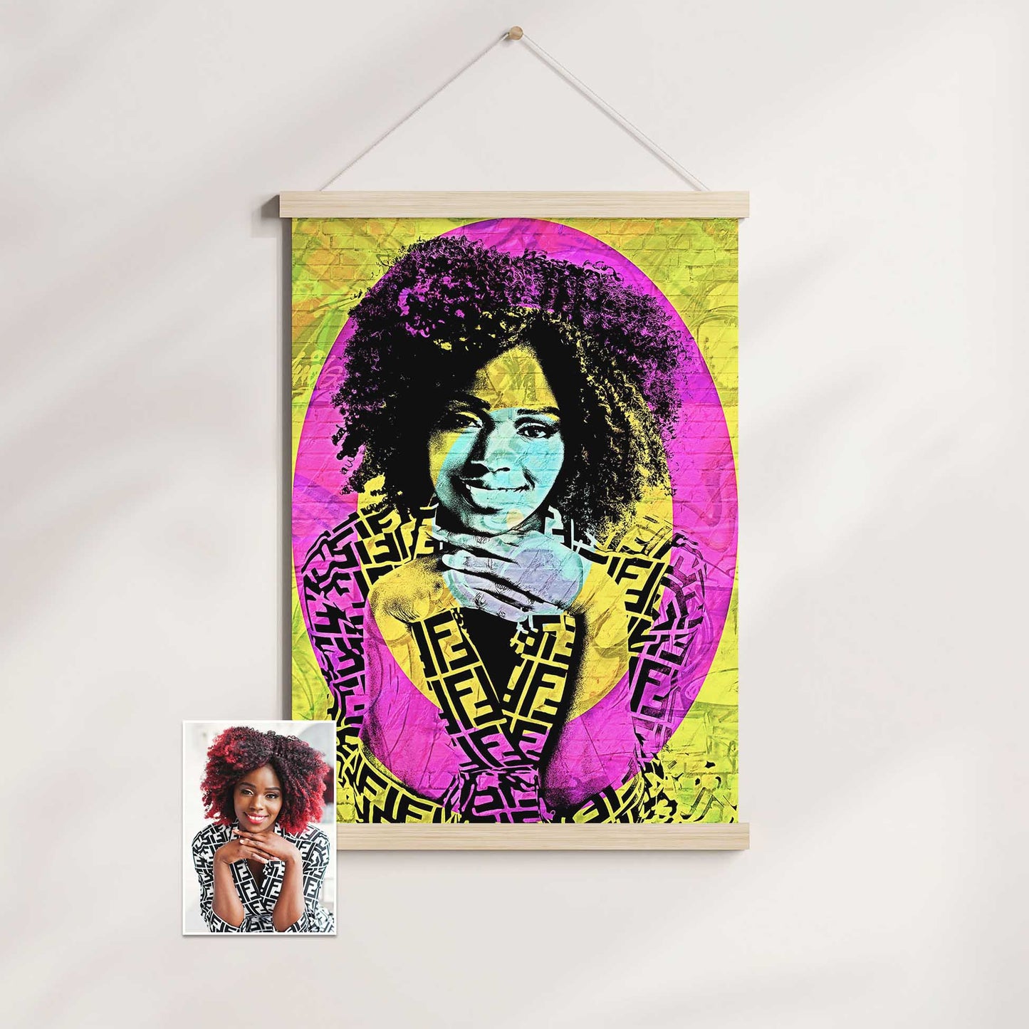 Experience the joy and creativity of the Personalised Graffiti Street Art Poster Hanger. Its cool graffiti style and street art filter bring a unique and vibrant atmosphere to your space. Made with high-quality materials