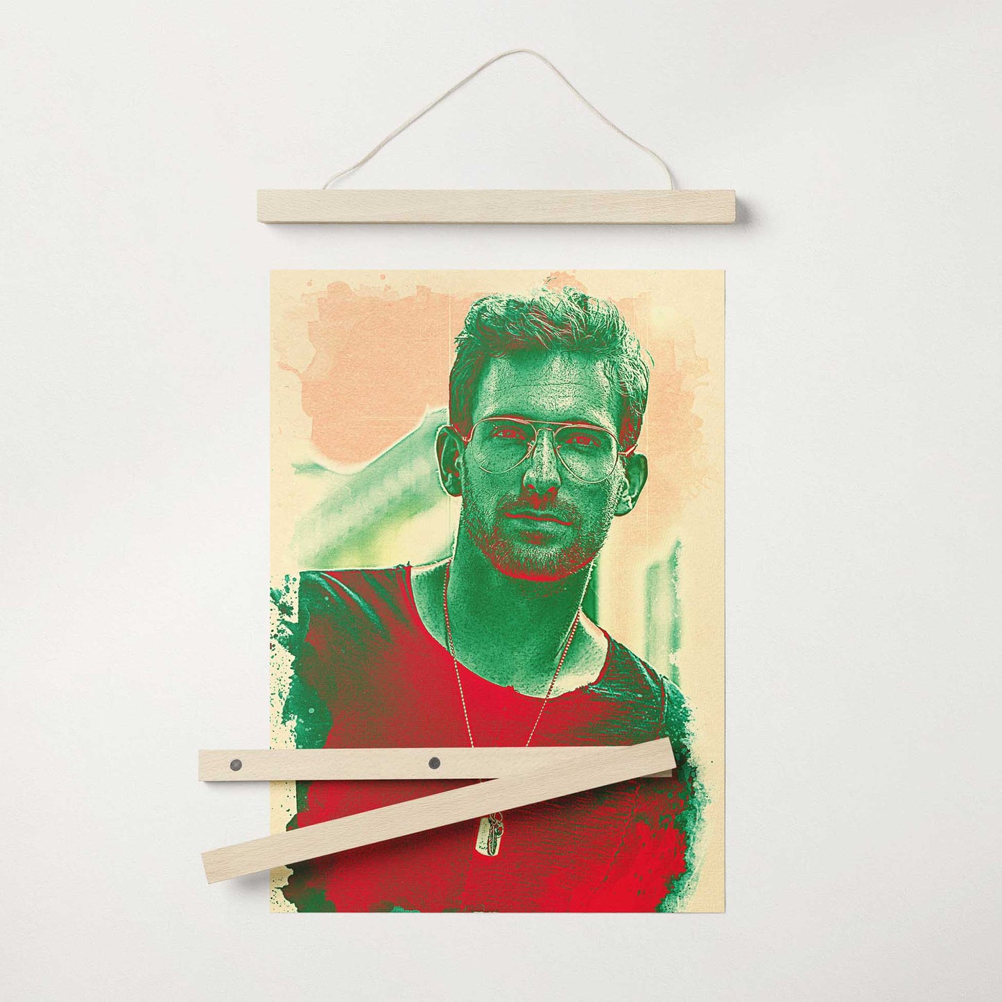 The Personalised Green & Red Poster Hanger is a gallery-quality masterpiece that adds a touch of sophistication to any space. Its cool and fresh green and red hues blend seamlessly with modern decor, watercolour style print