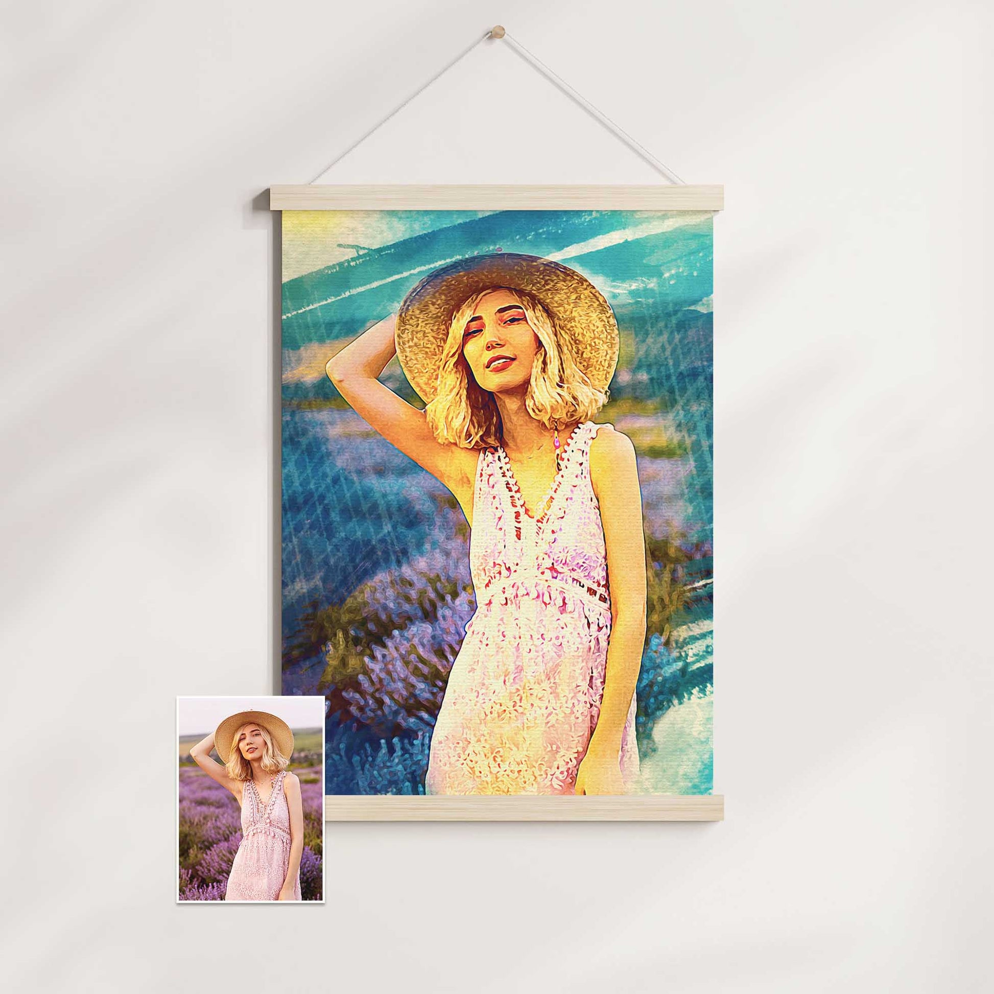 Experience the beauty and creativity of the Personalised Artistic Brush Poster Hanger. Painted in a captivating watercolour style, this custom piece is crafted from your chosen photo, showcasing intricate brush strokes 