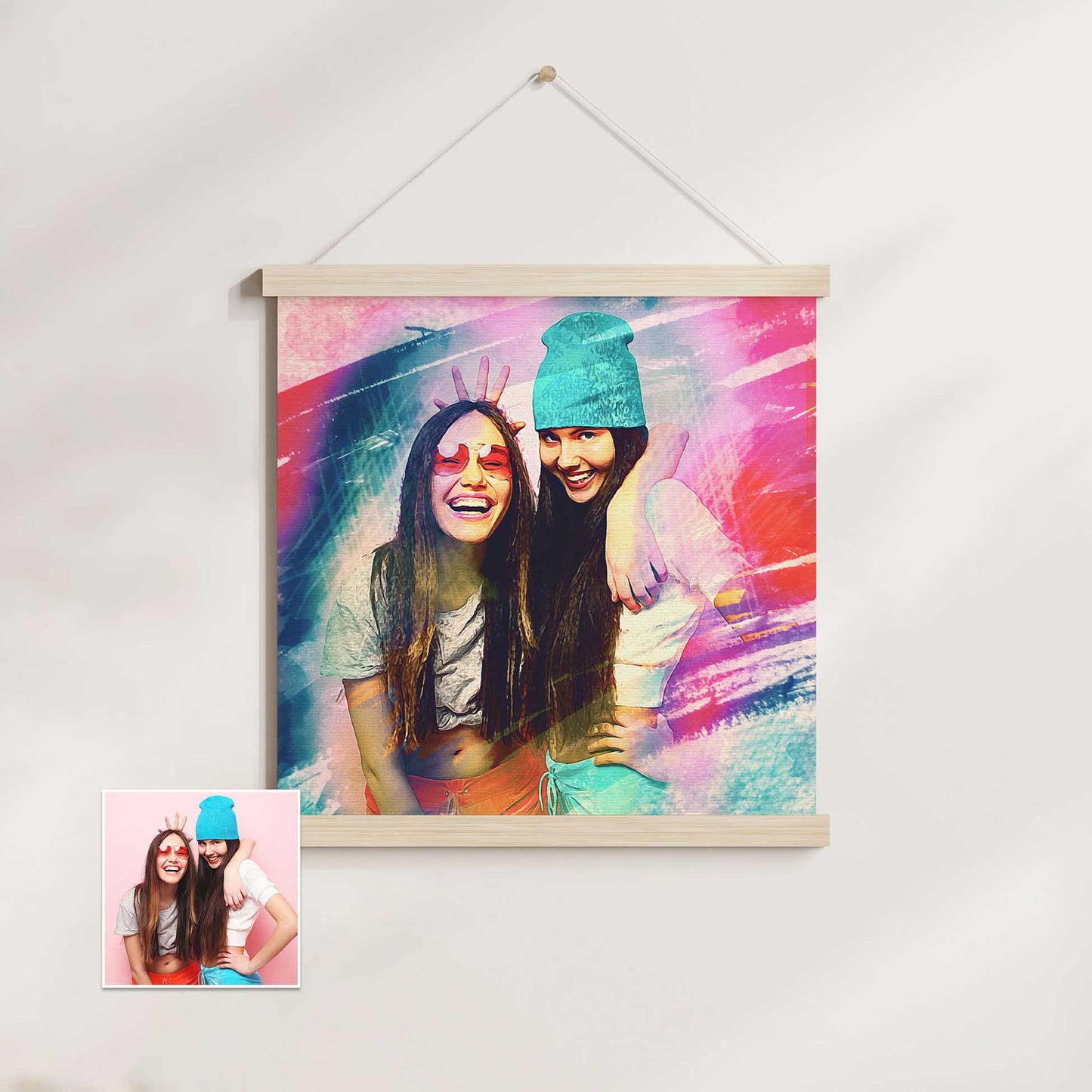 Add a burst of vibrant and imaginative art to your walls with the Personalised Artistic Brush Poster Hanger. Created in a captivating watercolour style, this custom piece is painted from your photo, showcasing expressive brush strokes 