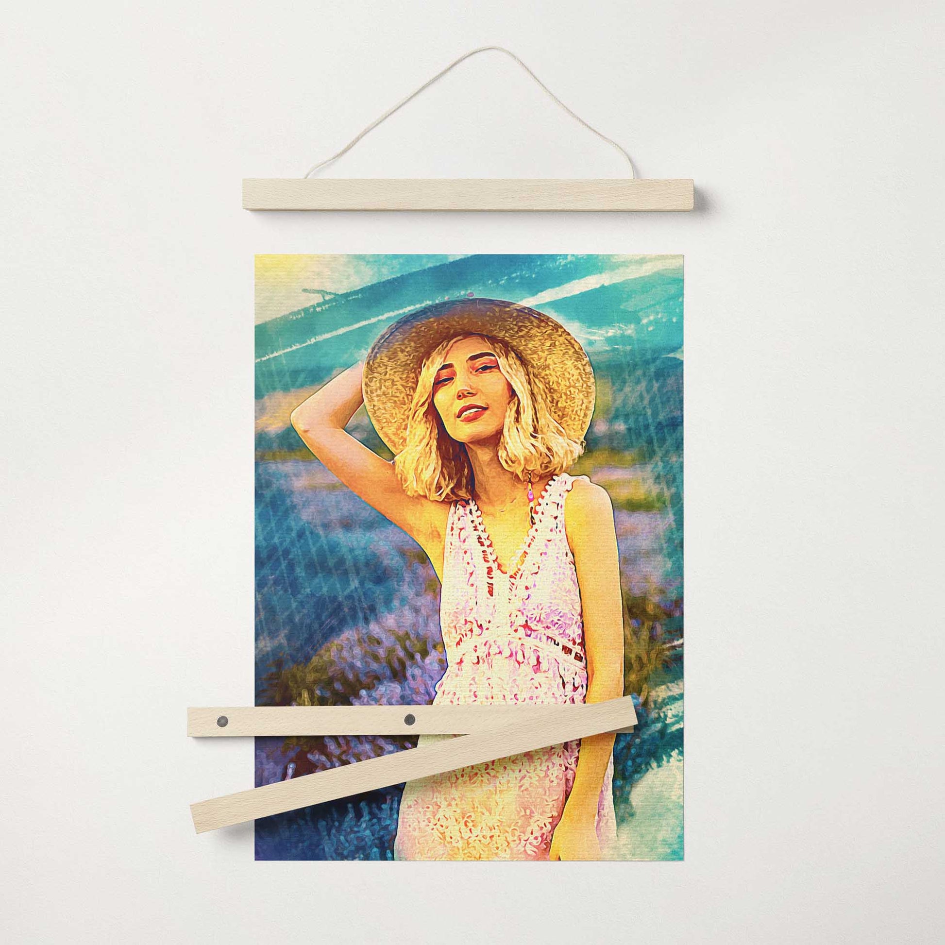 Immerse yourself in the imaginative world of the Personalised Artistic Brush Poster Hanger. Crafted from your photo in a captivating watercolour style, this custom piece showcases vibrant colors and expressive brush strokes 