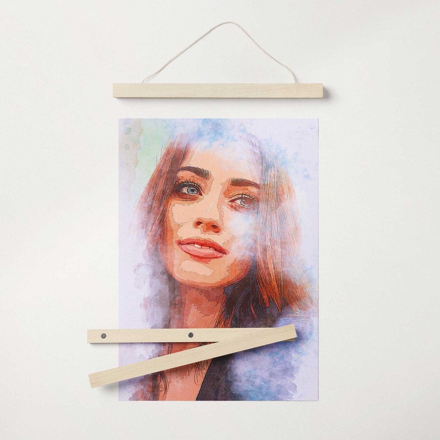 Discover the beauty of personalized art with the Personalised Watercolor Texture Poster Hanger. Created from your photo in a captivating watercolour style, this custom piece showcases a traditional texture that adds depth and sophistication