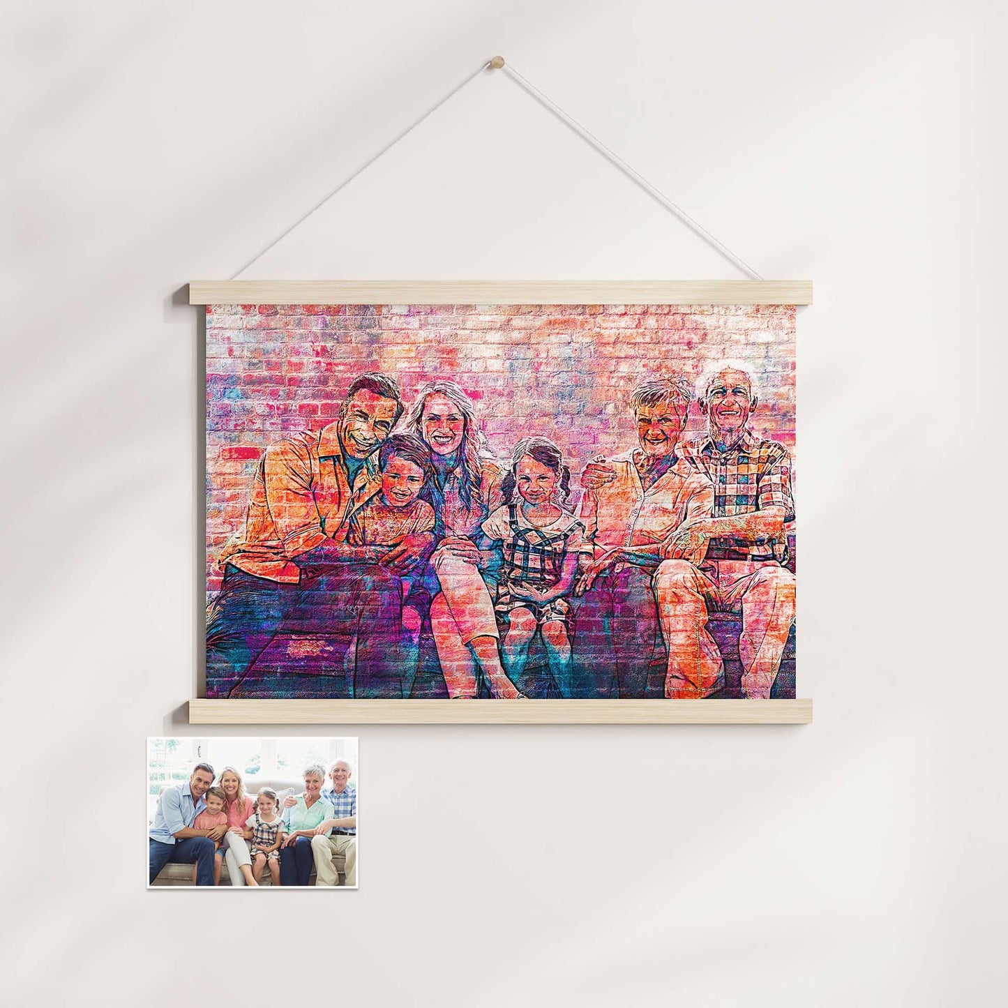 Elevate your interior design with our Personalised Brick Graffiti Street Art Poster Hanger. Its artistic appeal lies in the combination of the urban graffiti street art style and the realistic brick wall texture, creating a unique print