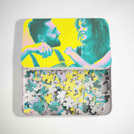 Personalised Acid Yellow Jigsaw Puzzle - a modern and trendy delight. Print from photo in abstract style with texture effect, featuring acid vivid colors and cool teal hues. Handmade with love, it's a fresh and beautiful gift for family