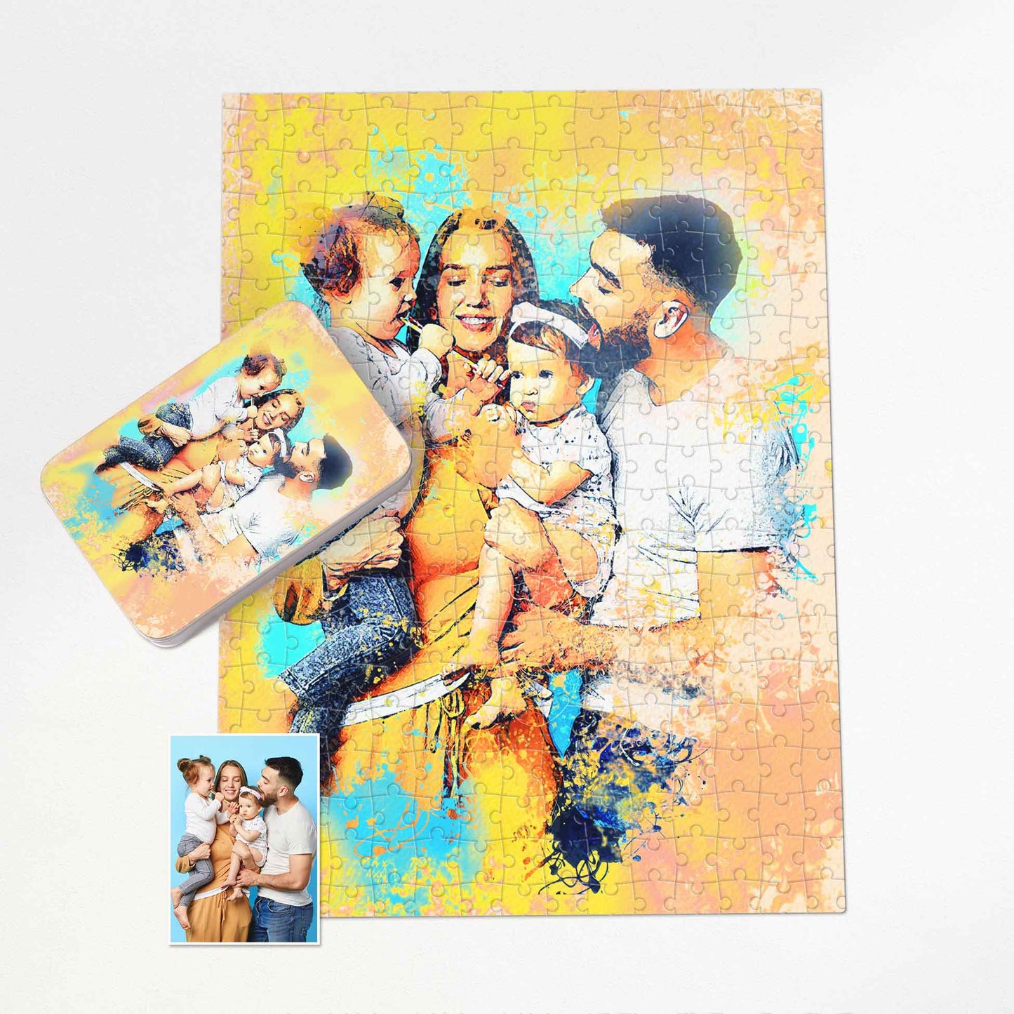 Transform your memories into a work of art with our Personalised Watercolor Splash Jigsaw Puzzle. This handmade wonder, printed from your photo, adds a touch of happiness to anniversaries and birthdays