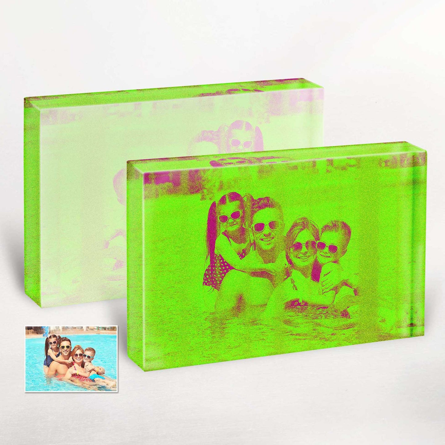 Personalised Neon Green Acrylic Block Photo: Make a hip and trendy statement with our cool and fresh neon green acrylic block photos. Customised from your own photo, it's the perfect gift that stands out from the crowd.