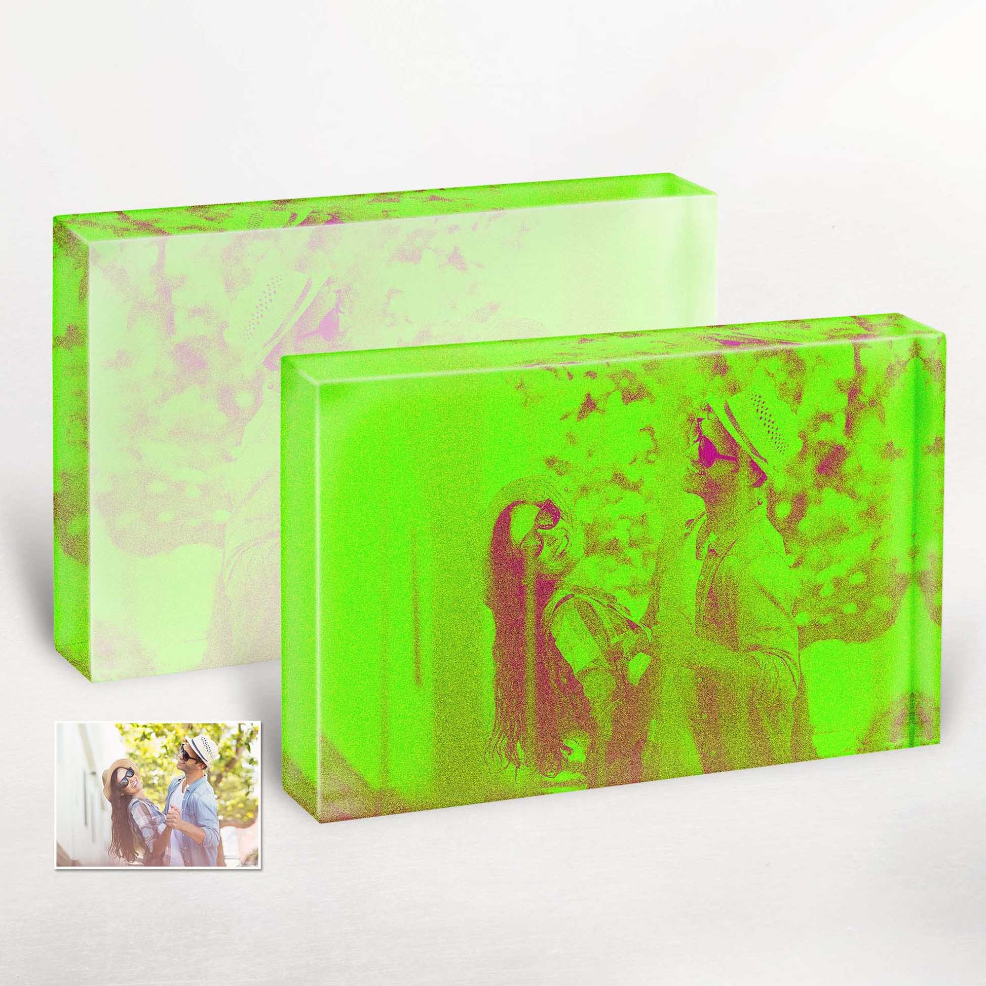 Stand out with Personalised Neon Green Acrylic Block Photo. Embrace the cool and trendy vibes with our custom-made acrylic block photos. Create a unique and fresh gift that will leave a lasting impression.