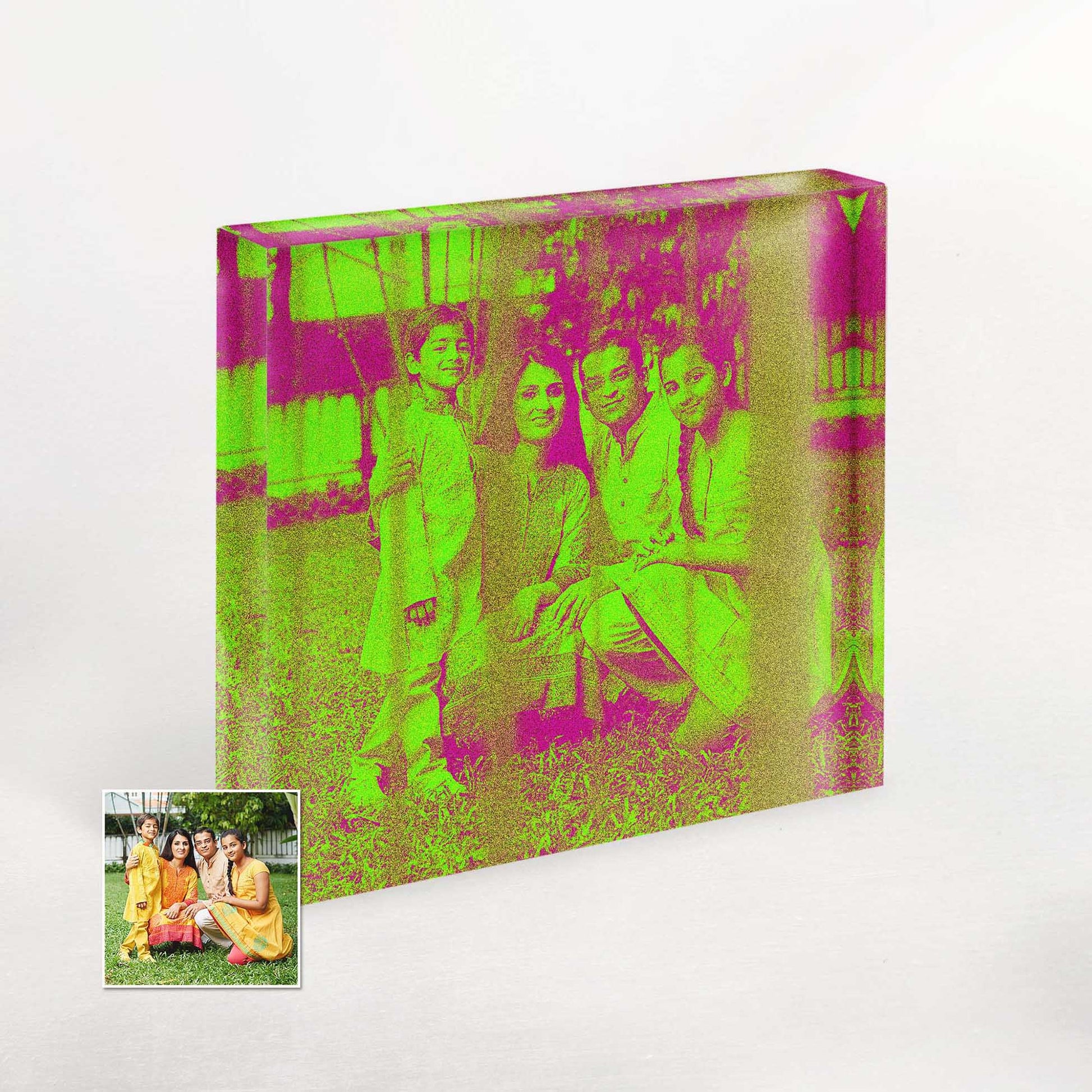 Customise a Hip and Trendy Gift: Personalised Neon Green Acrylic Block Photo. Add a pop of color to your space with our cool and fresh acrylic block photos. Made from your own photo, it's a gift that truly stands out.