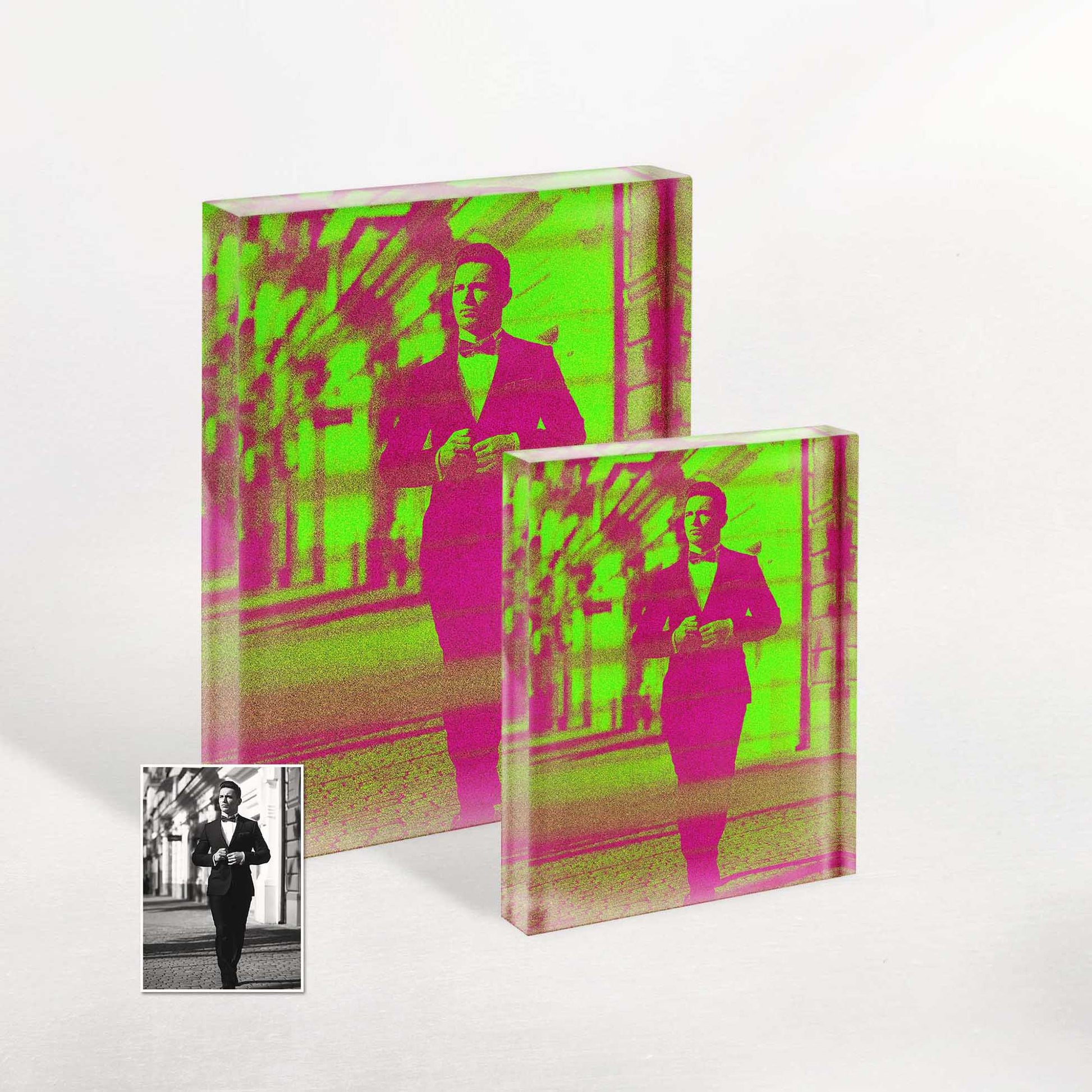 Trendy and Fresh: Personalised Neon Green Acrylic Block Photo. Elevate your gifting game with our cool and vibrant acrylic block photos. The neon green color adds a contemporary and fresh vibe, making it a standout gift option.