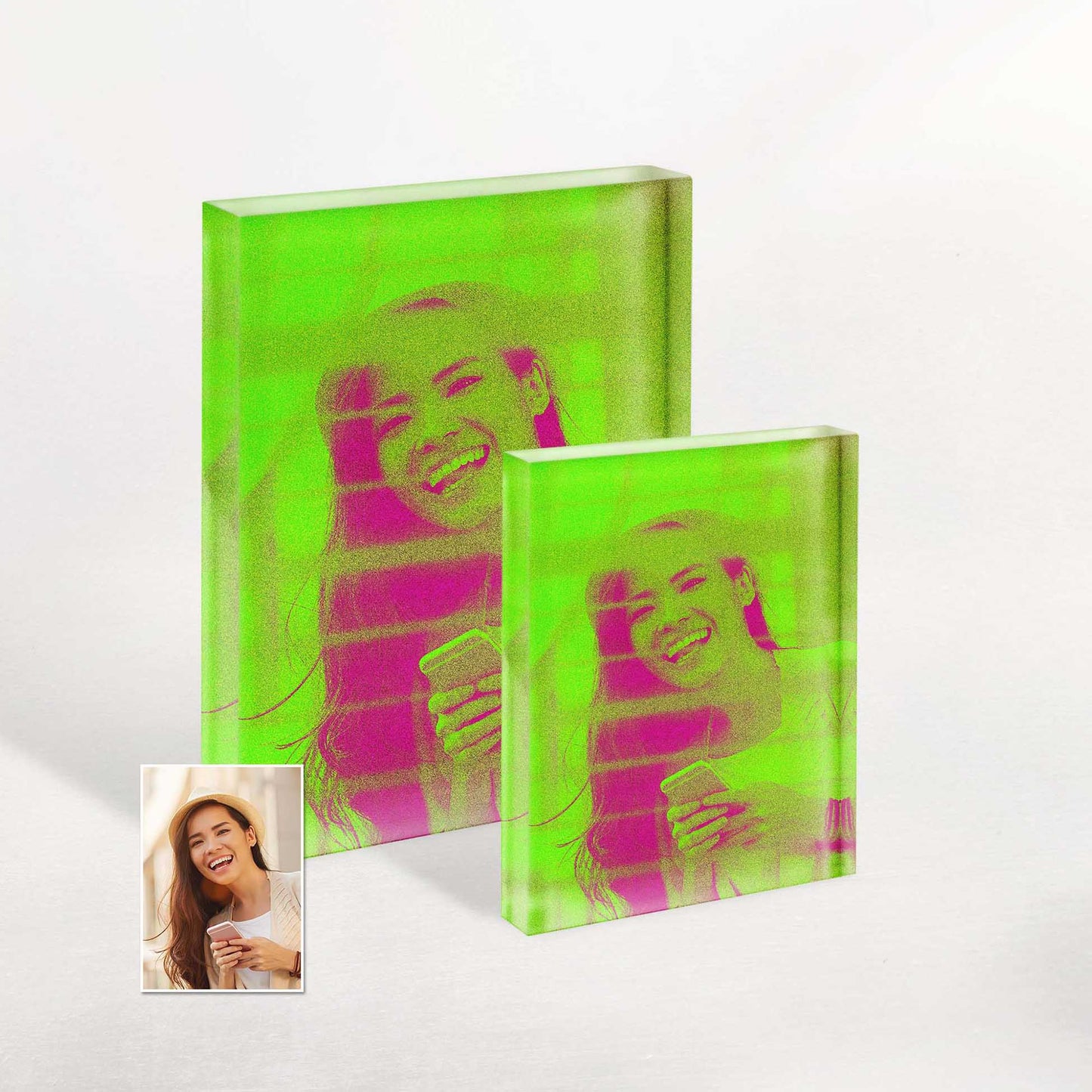 Personalised Neon Green Acrylic Block Photo: A Hip and Unique Gift. Gift something extraordinary with our trendy and cool acrylic block photos. Customised from your photo, it's a fresh and personal present that will impress.