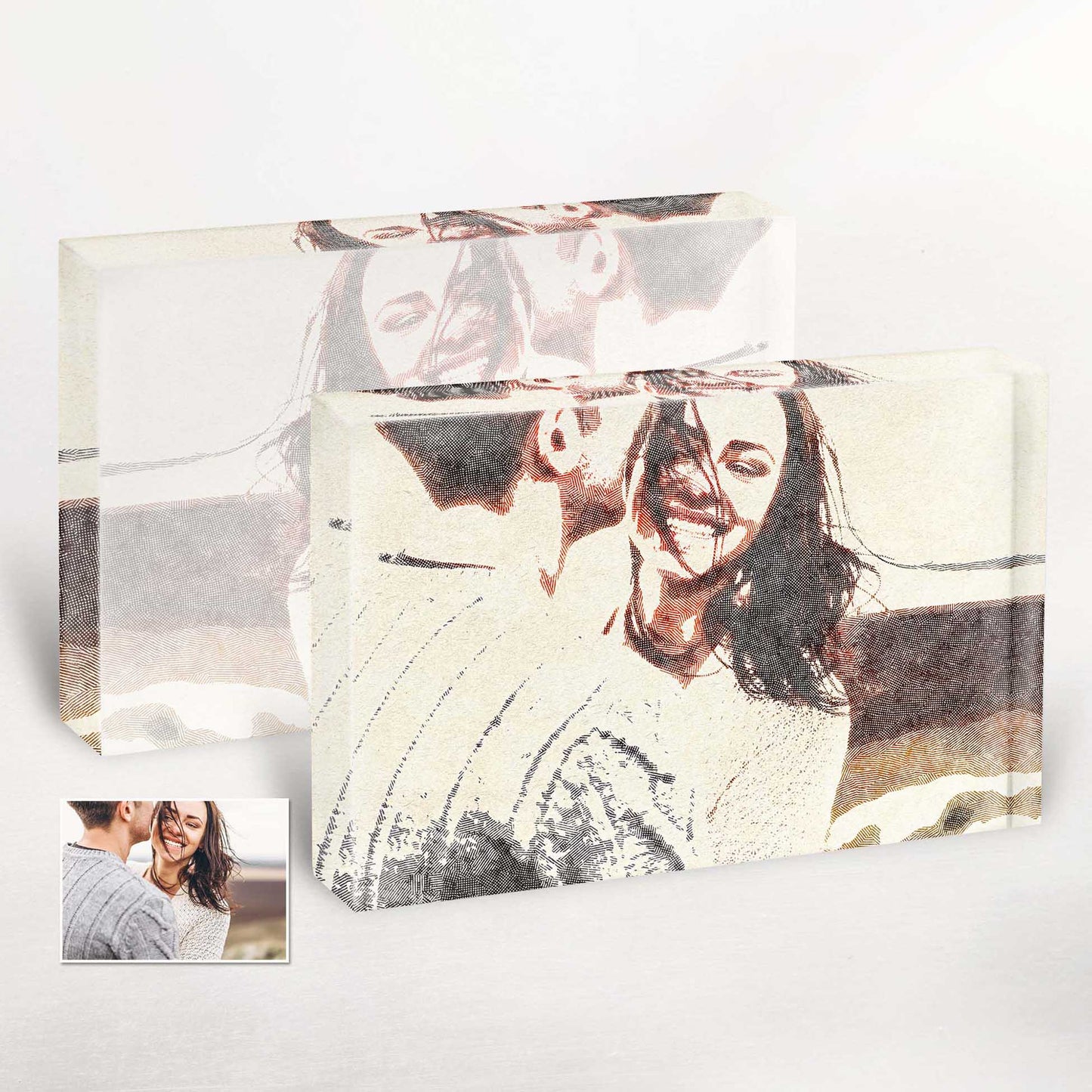 Experience the beauty of our Personalised Crosshatch Acrylic Block Photo, featuring a unique texture drawing created from your photo. This exciting and inspirational piece radiates brightness and happiness, adding a touch of artistic charm to any space.