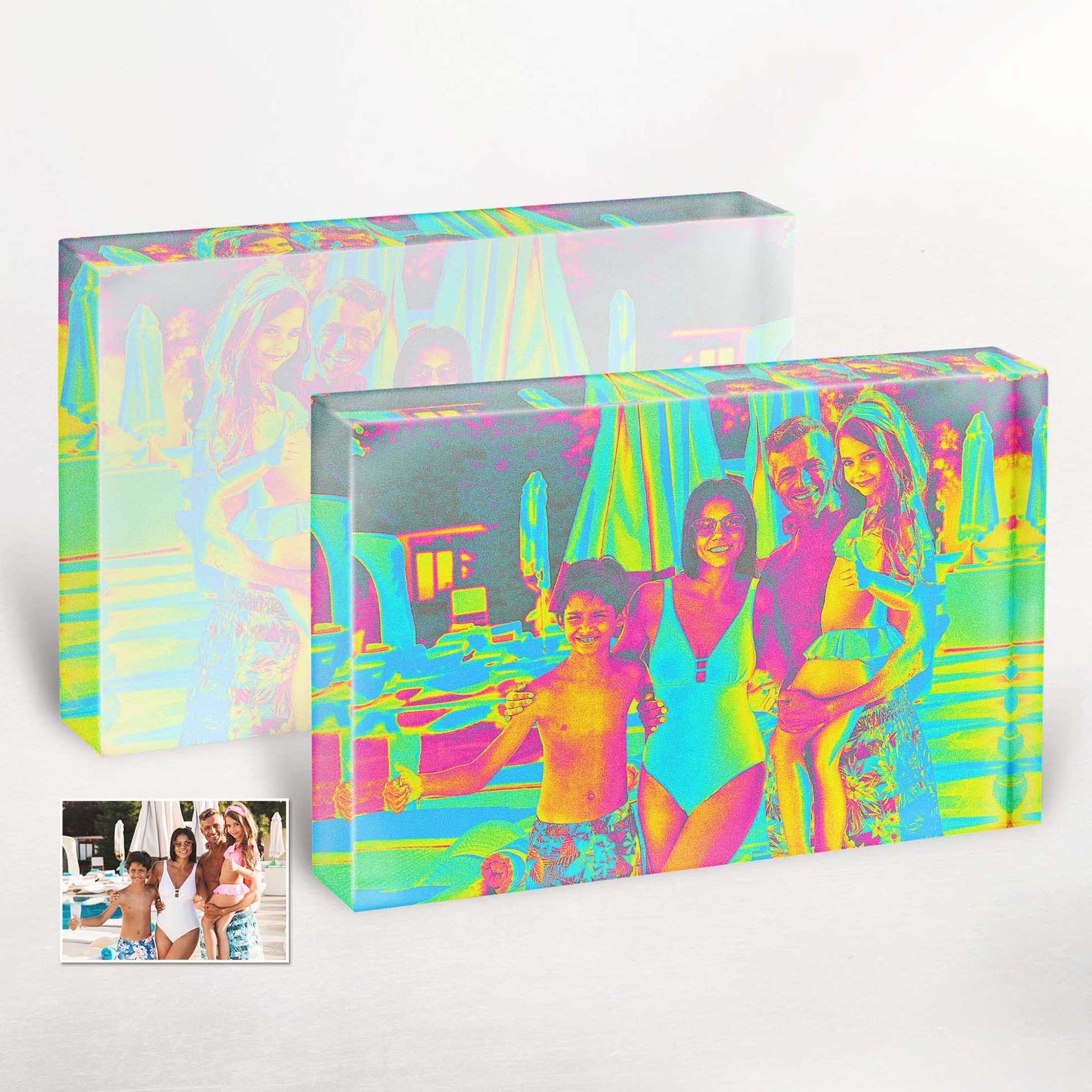 Elevate your home decor with this personalised Acid Trip Effect Acrylic Block Photo. The dynamic and vivid colors blend together in a mesmerizing pattern, creating a unique artwork that adds a touch of vibrancy and personality to your space