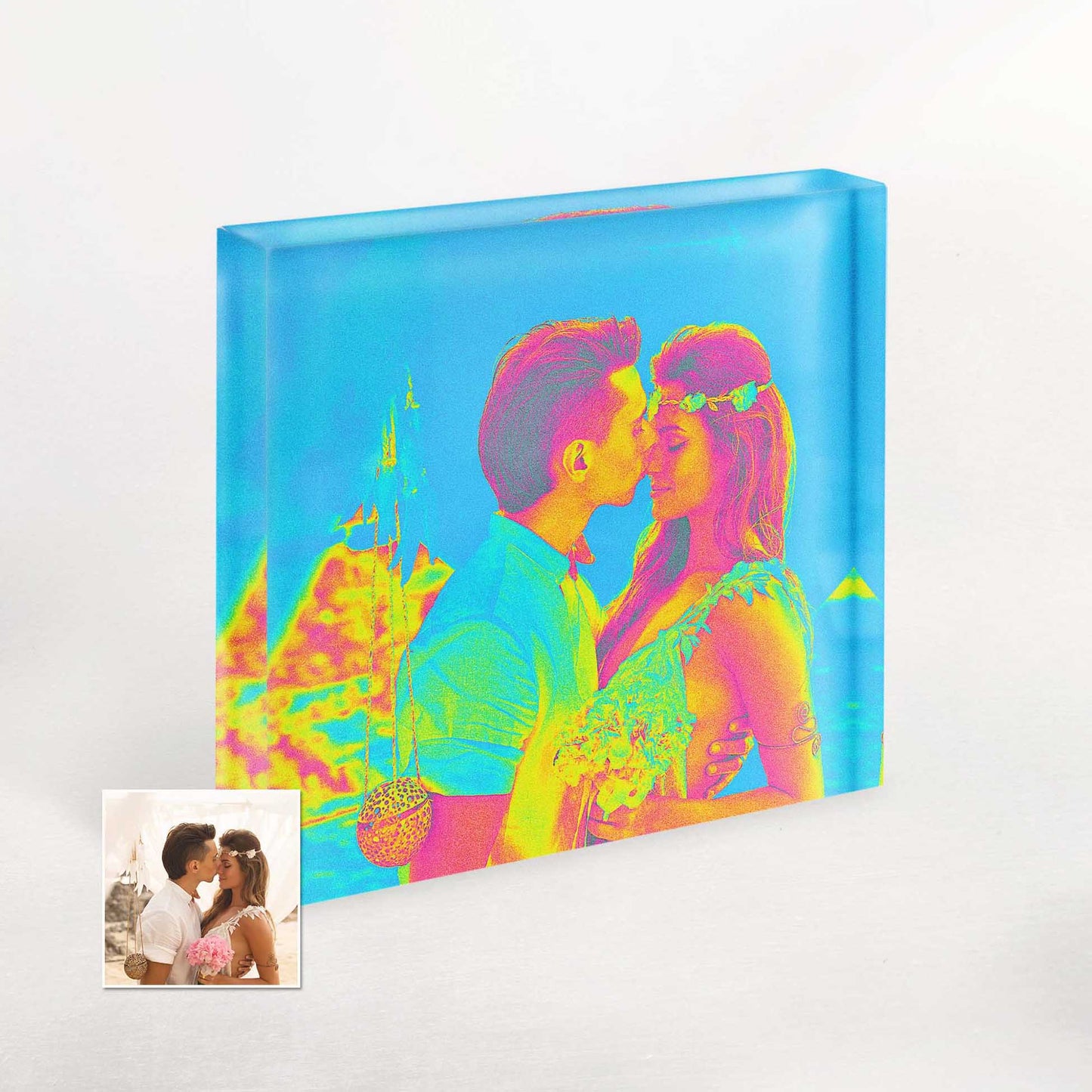 Unleash your creativity with this personalised Acid Trip Effect Acrylic Block Photo, customised from your photo. The vivid and eclectic color scheme creates a visually stunning piece that will capture attention and spark conversations