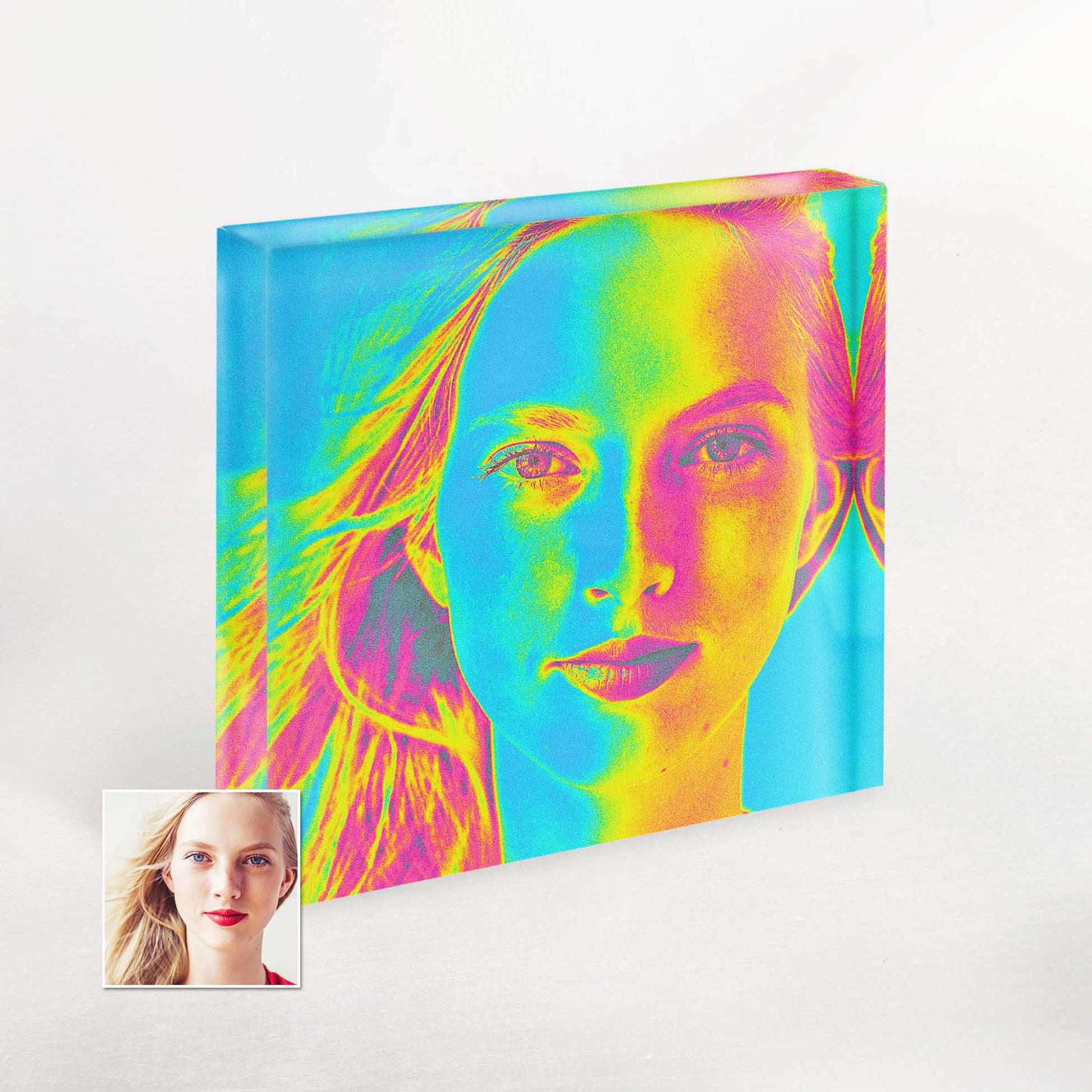 Create a visual masterpiece with this personalised Acid Trip Effect Acrylic Block Photo. The vibrant and rainbow-inspired colors form a unique and captivating artwork, making it a perfect addition to any art collection or a memorable gift for loved ones