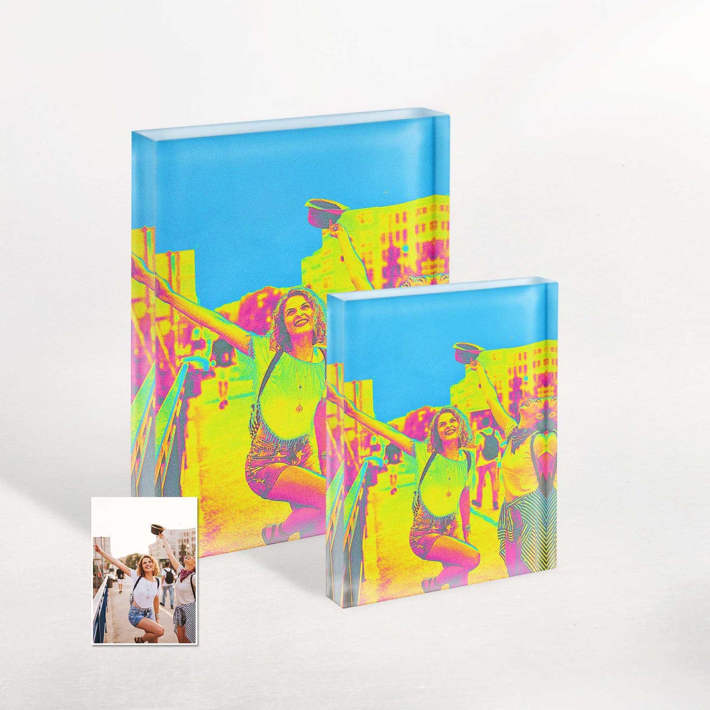 Experience an explosion of color with this personalised Acid Trip Effect Acrylic Block Photo. The vibrant and psychedelic hues blend together to create a visually stunning and unique artwork that will add an instant wow factor to your space