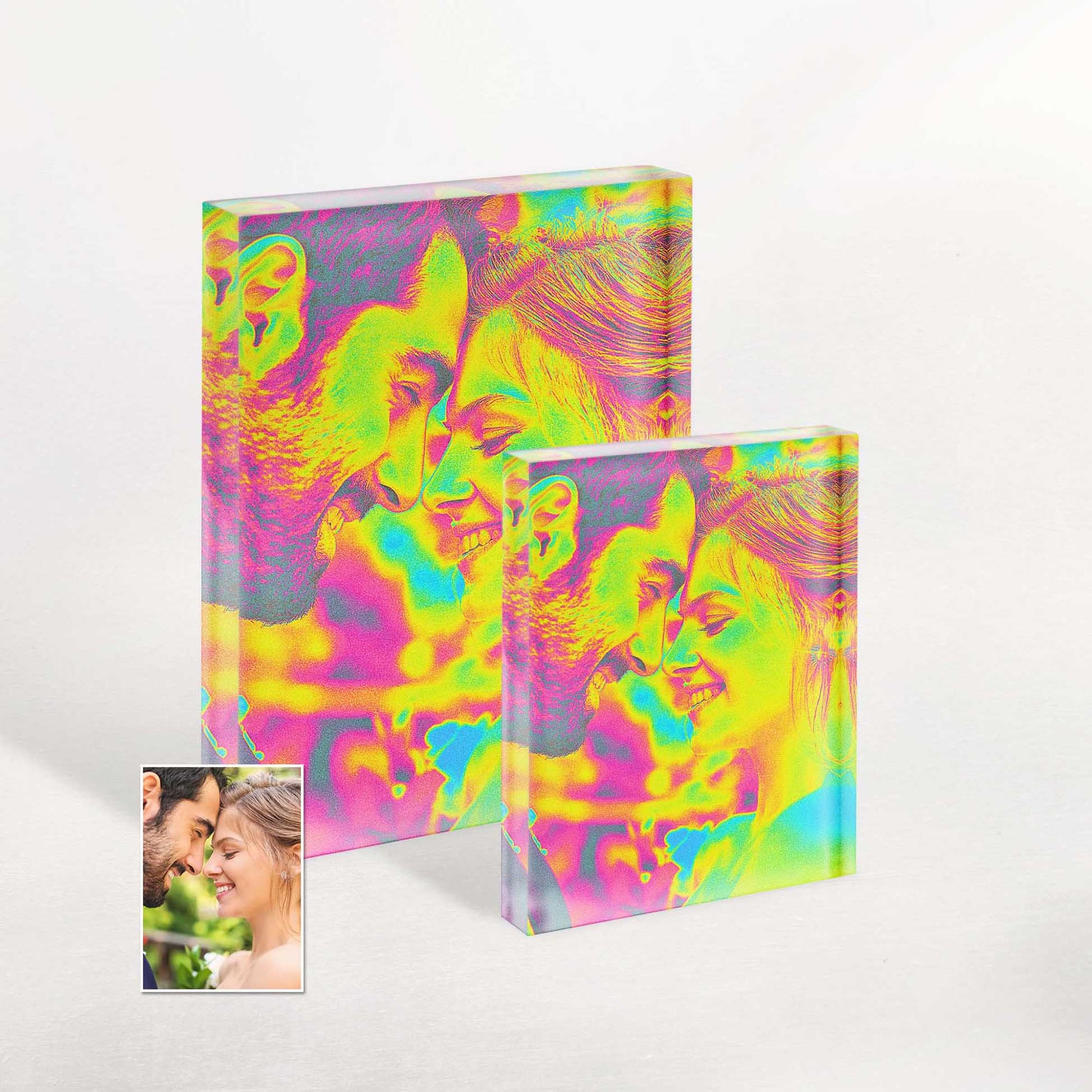 Immerse yourself in a mesmerizing journey of vibrant colors with this Personalised Acid Trip Effect Acrylic Block Photo. The rainbow-inspired hues create a unique and captivating artwork, transforming your space into a vibrant oasis of creativity