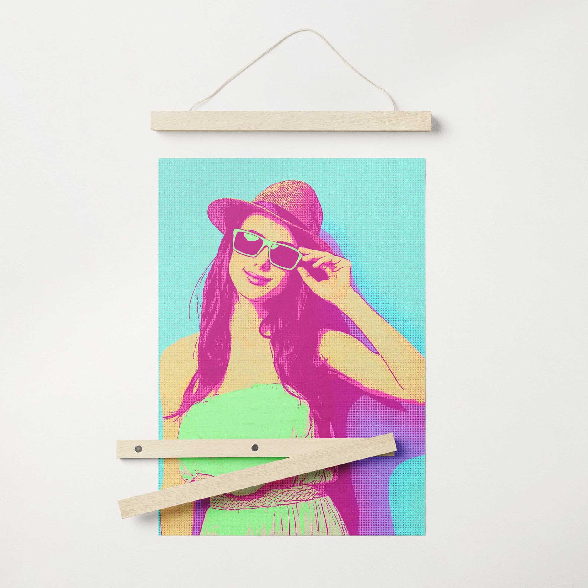 Personalise your space with the Personalised Green & Pink Pop Art Poster Hanger. Turn your photo into a retro-inspired cartoon with a halftone texture, capturing a cool and vibrant energy. The bold colors of green, pink, blue, and purple 