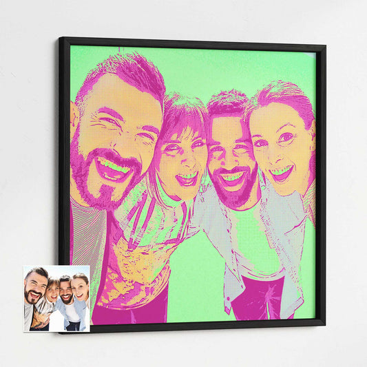 Elevate your interior with a Personalised Green & Pink Pop Art Framed Print from your photo. Its vibrant and colorful composition adds a fun and exciting touch to any space. Made with thick museum-quality paper and framed in natural wood