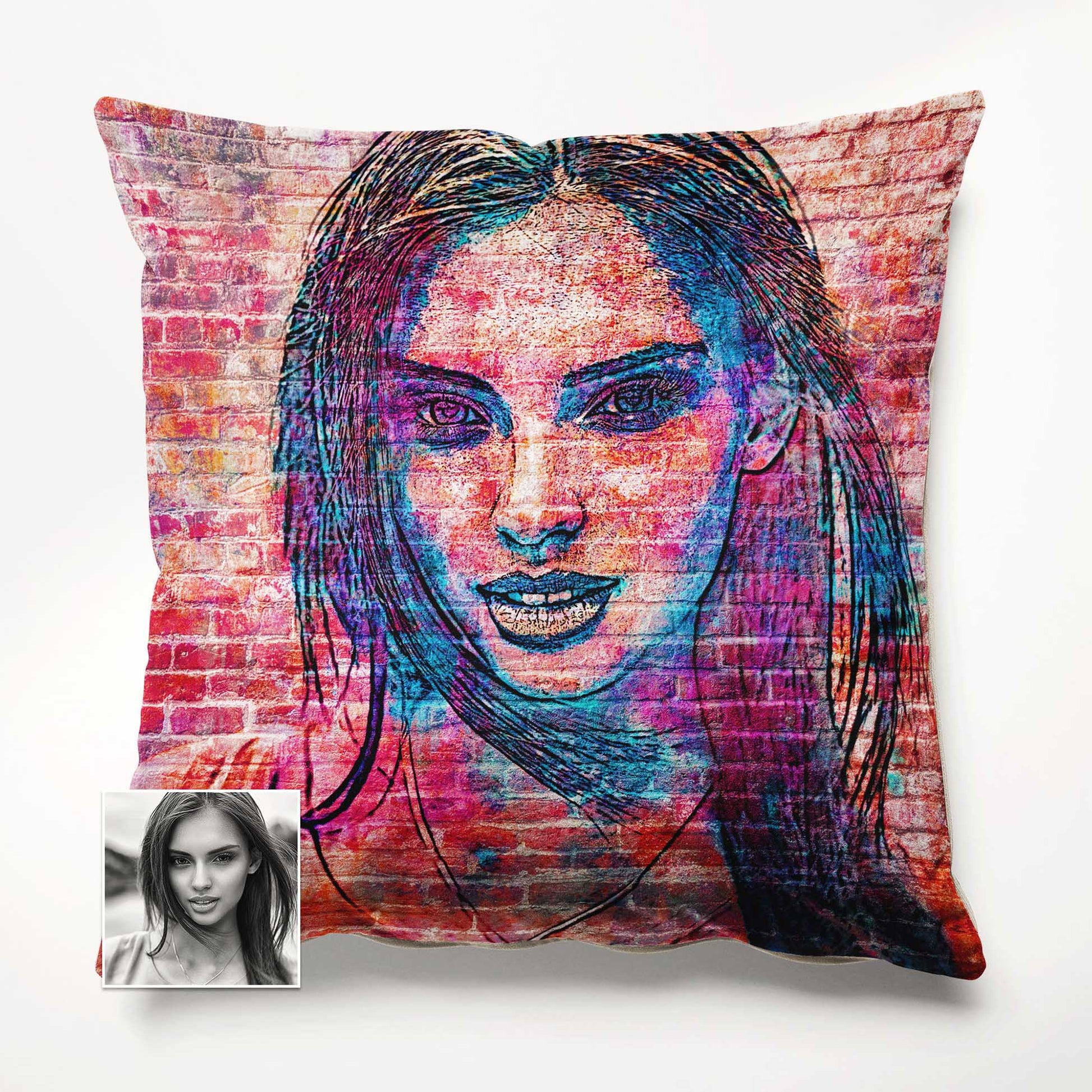 Add a touch of urban charm to your space with the Personalised Brick Graffiti Street Art Cushion. Crafted by hand and made from soft velvet, it offers a cozy and inviting feel. Personalise it with a print from your photo