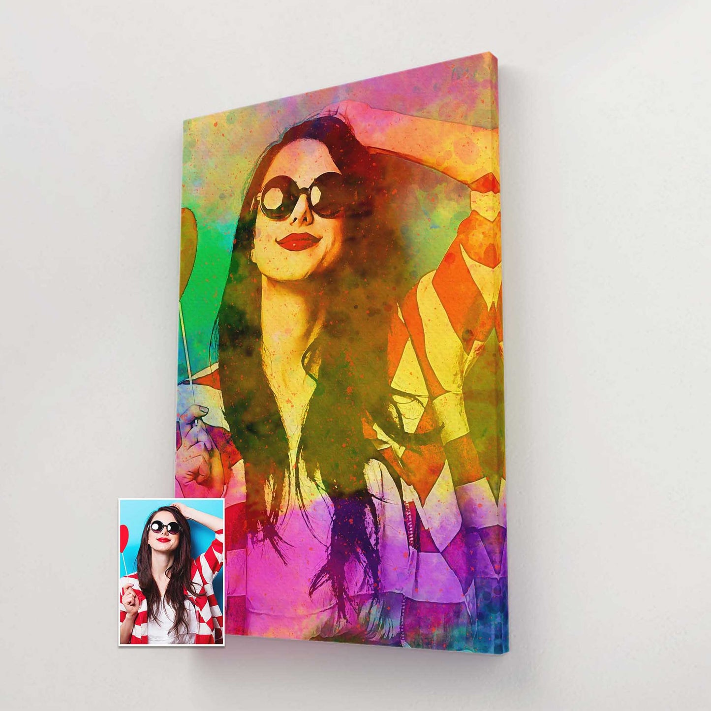 Personalised Splash of Colours Canvas is a captivating blend of fine art and digital mastery. Created by painting from your photo, this artwork showcases vibrant and colorful splashes of watercolour that bring life and energy to any space
