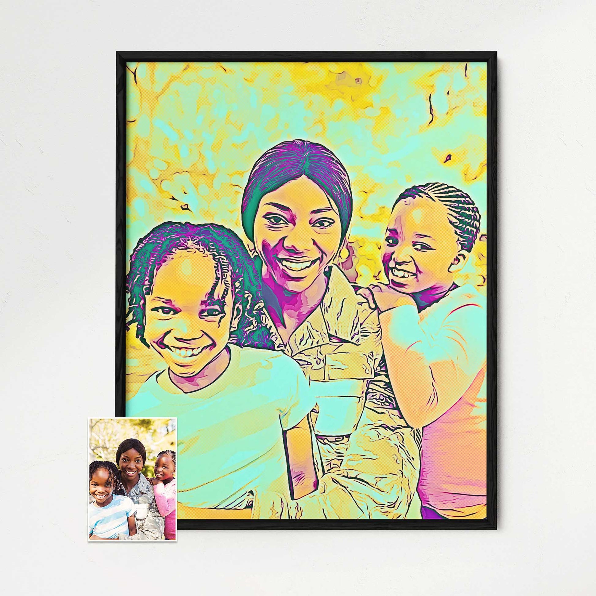 Elevate your decor with our Personalised Purple and Pink Comics Framed Print. This one-of-a-kind artwork, transformed from your photo into a cartoon, showcases a cool halftone effect that adds a fresh and fun touch, happy and exciting vibe