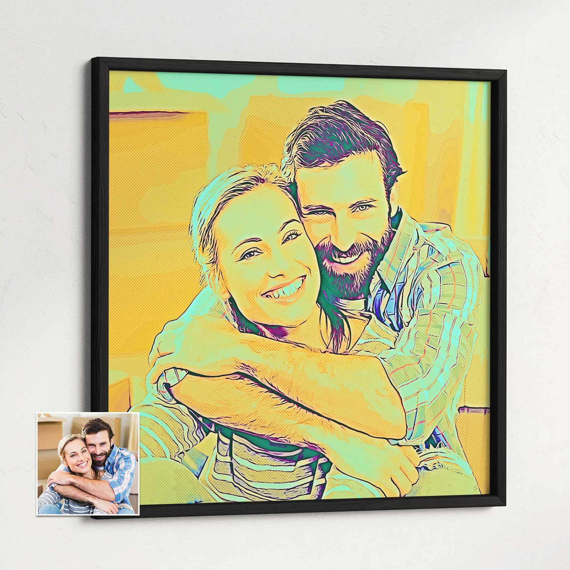 Unleash your inner creativity with our Personalised Purple and Pink Comics Framed Print. This extraordinary artwork, created as a cartoon from your photo, features a cool halftone effect that adds a fresh and fun vibe