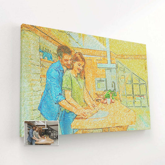 Experience the beauty of our Personalised Drawing Crosshatch Canvas, where your photo is transformed into a work of art. The image is meticulously drawn with precise crosshatch strokes and printed on a handmade woven canvas