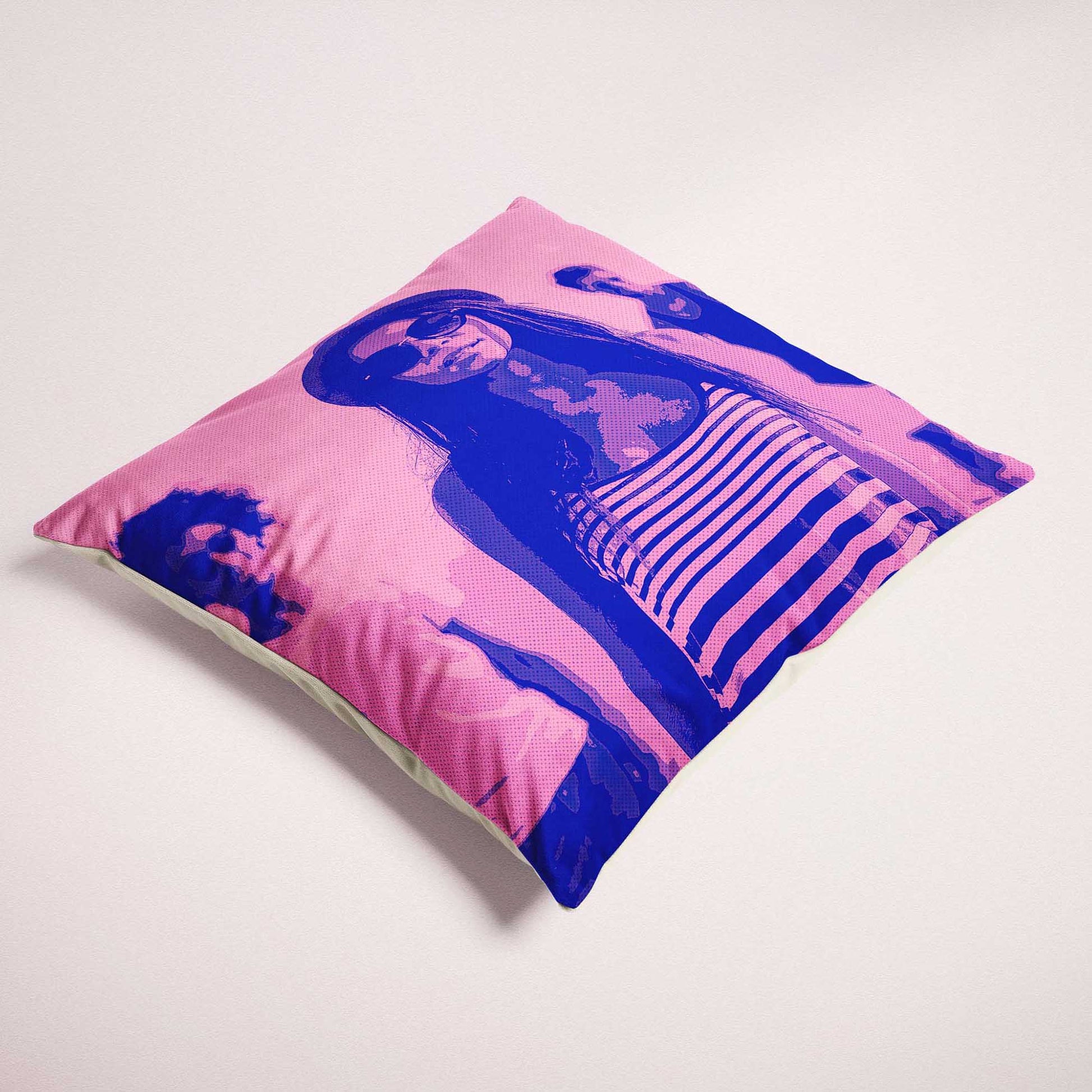 Immerse yourself in a world of retro fun with our Personalised Purple and Pink Comics Cushion. Transform your photo into a personalized cartoon artwork, featuring vibrant colors and a fresh old-school style. Handmade with soft velvet