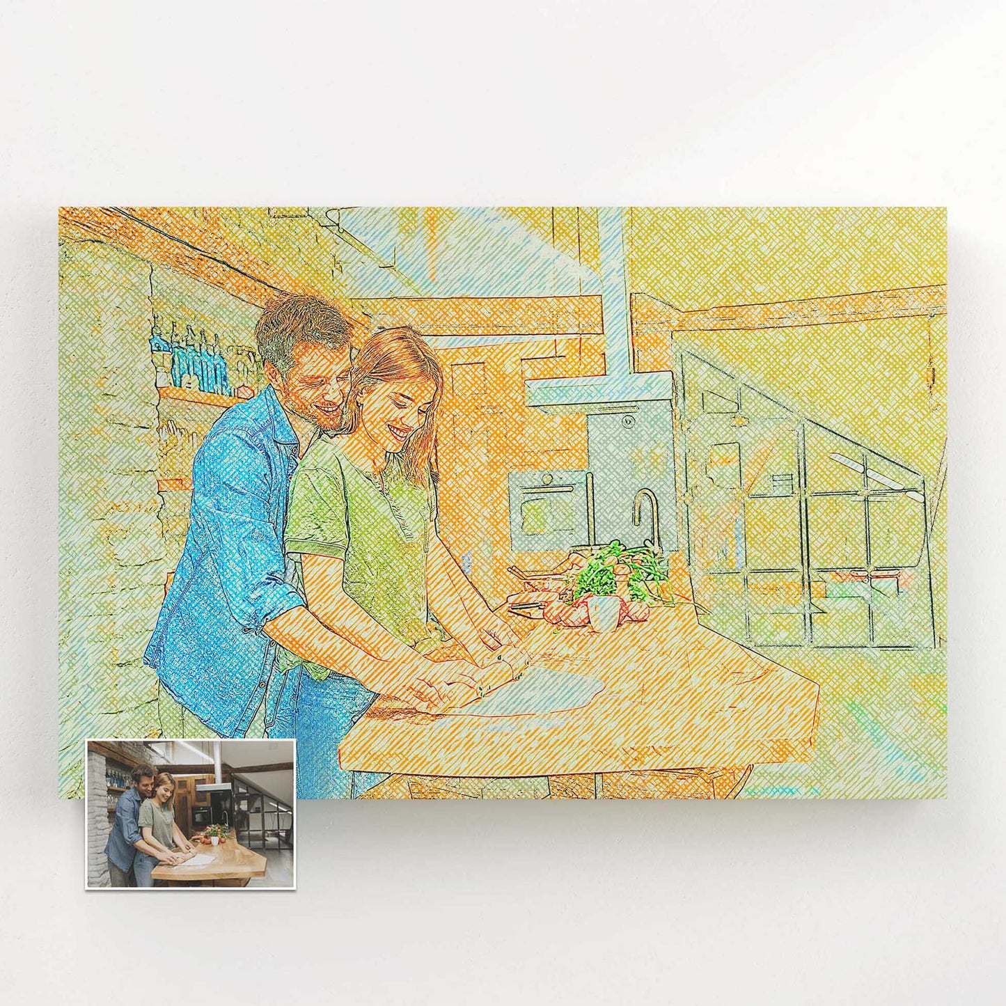 Celebrate your precious memories with a Personalised Drawing Crosshatch Canvas. Your photo is transformed into a vibrant and detailed artwork, meticulously hand-drawn with crosshatch strokes. Printed on a handmade woven canvas