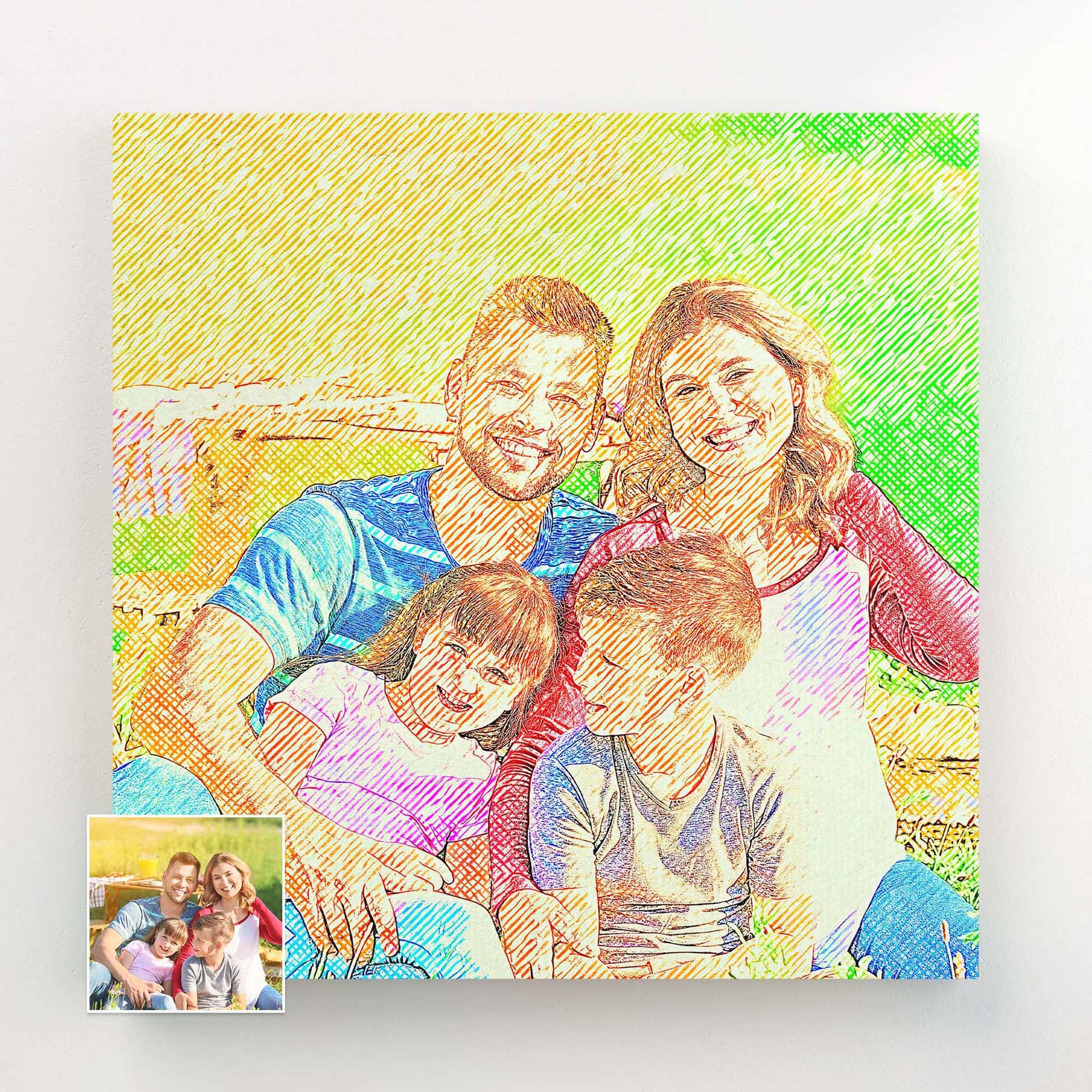 Immerse yourself in the world of art with our Personalised Drawing Crosshatch Canvas. Your photo is transformed into a masterpiece, where the intricate crosshatch detailing adds depth and vibrancy. Printed on a handmade woven canvas