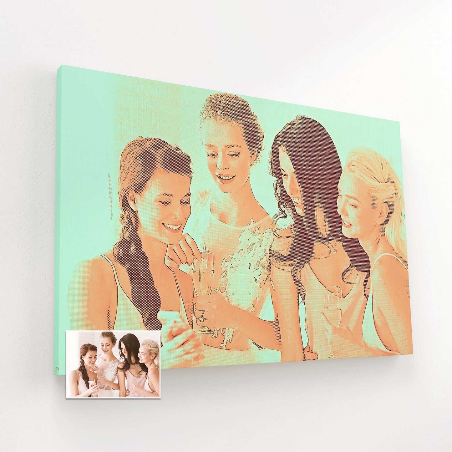 Celebrate the spirit of togetherness with the Personalised Orange and Green Canvas. This remarkable artwork, featuring a custom drawing from your photo, is expertly printed on a handmade woven canvas