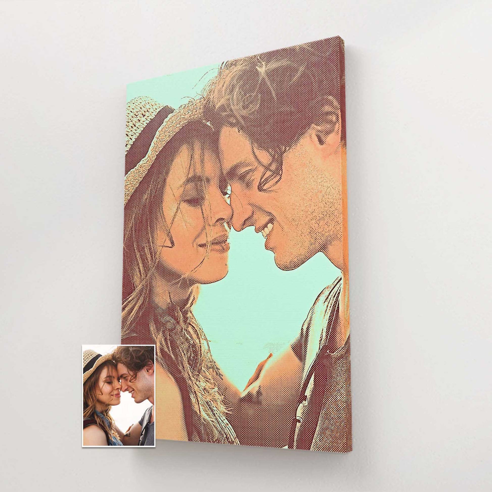 Unleash the power of personalization with the Personalised Orange and Green Canvas. This exquisite artwork, created from your cherished photo, is printed on a handmade woven canvas, showcasing a unique drawing