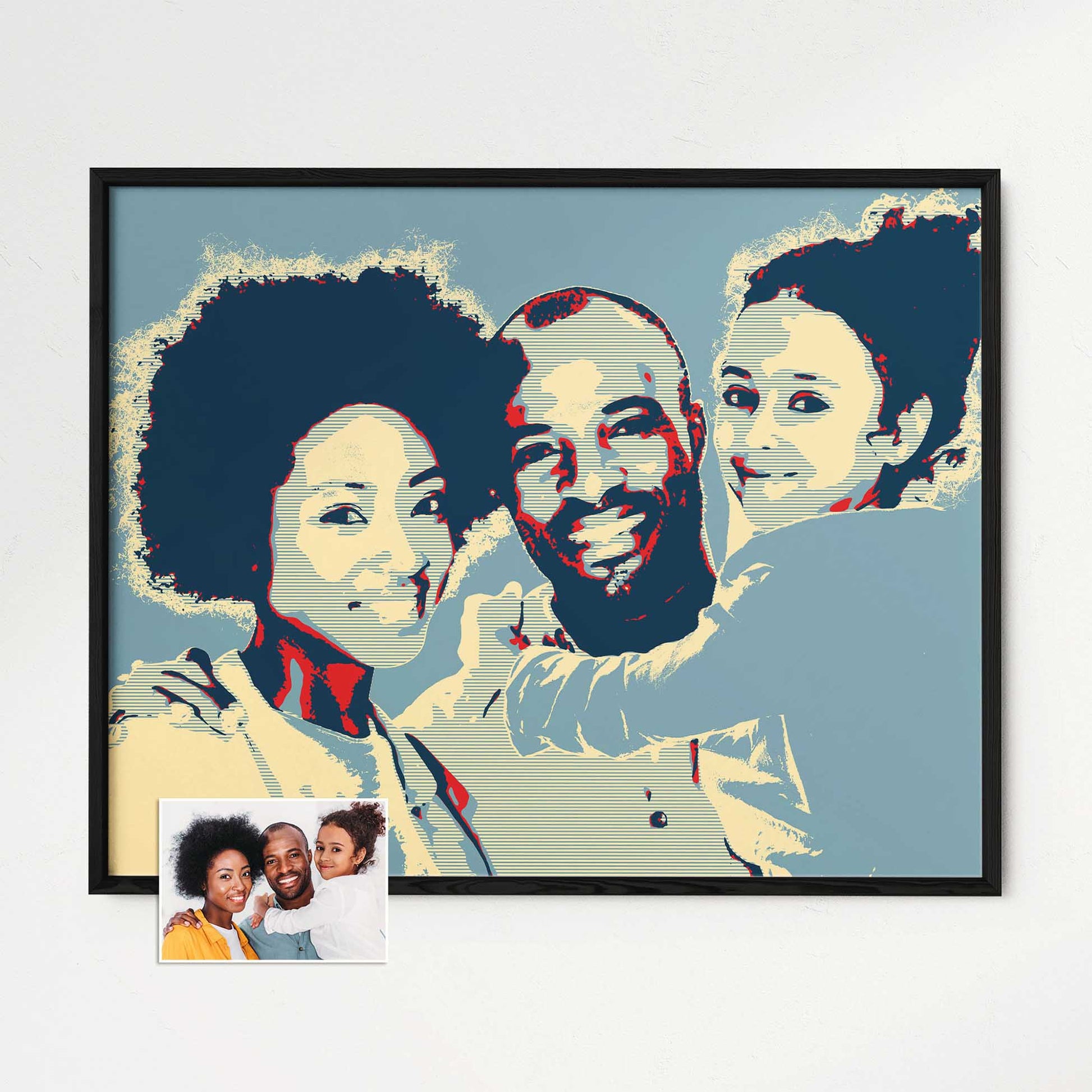 Transform your photo into a stunning Personalised Election Poster Framed Print. The pop art effect adds a unique and creative touch, making it a vibrant and bold piece of visual art. With its gallery-quality wooden frame