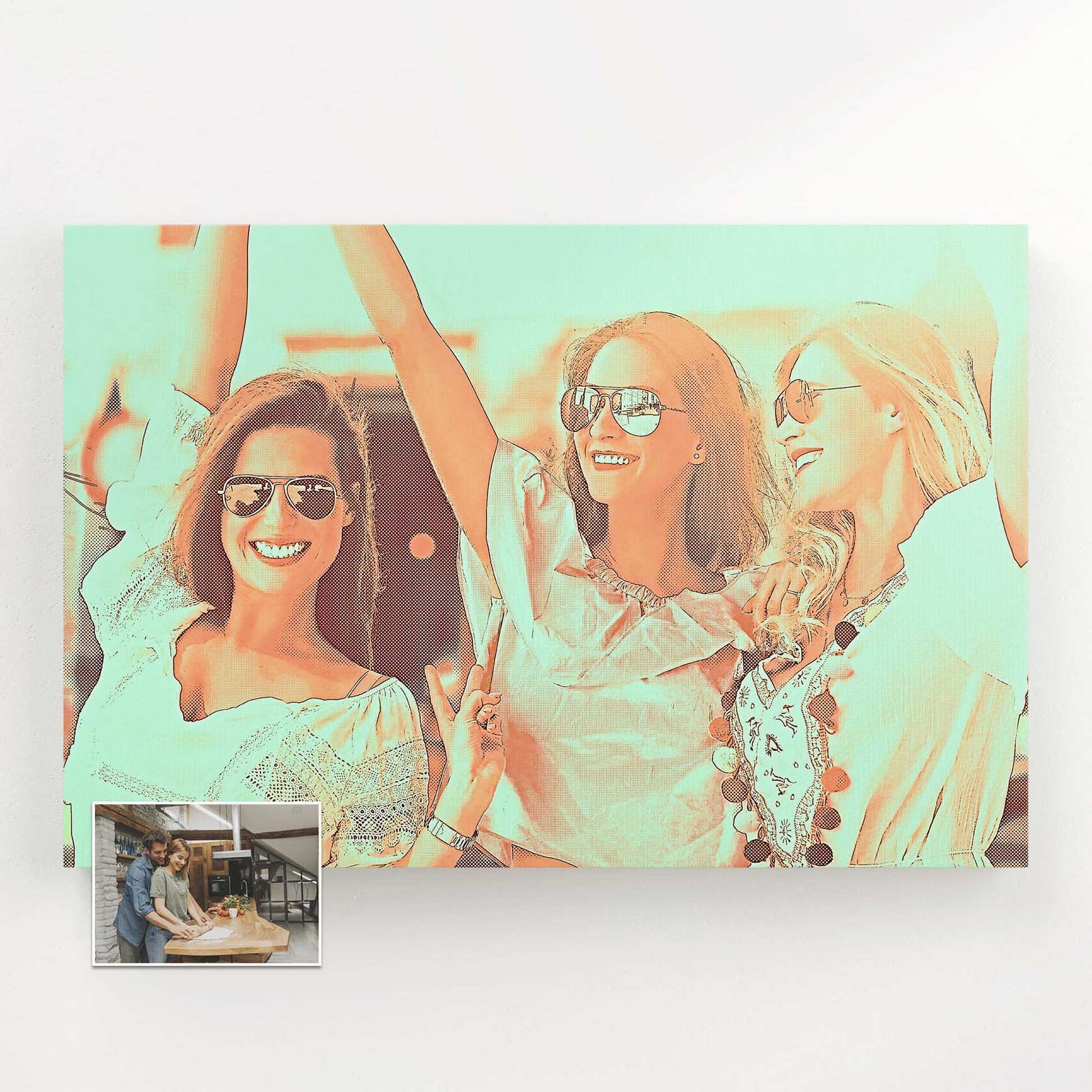 Experience the unique charm of the Personalised Orange and Green Canvas. This one-of-a-kind artwork showcases a custom drawing based on your photo, meticulously printed on handmade woven canvas. Its playful orange and green hues radiate fun