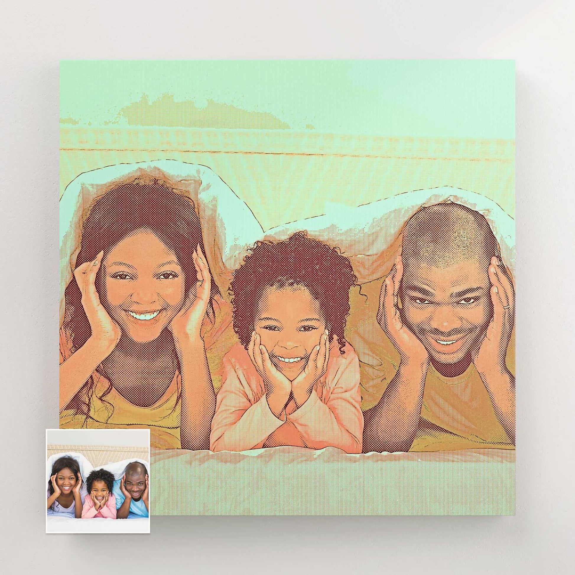 Immerse yourself in the energy and creativity of the Personalised Orange and Green Canvas. With its unique drawing based on your photo, this exceptional artwork is printed on a meticulously woven canvas by skilled artisans