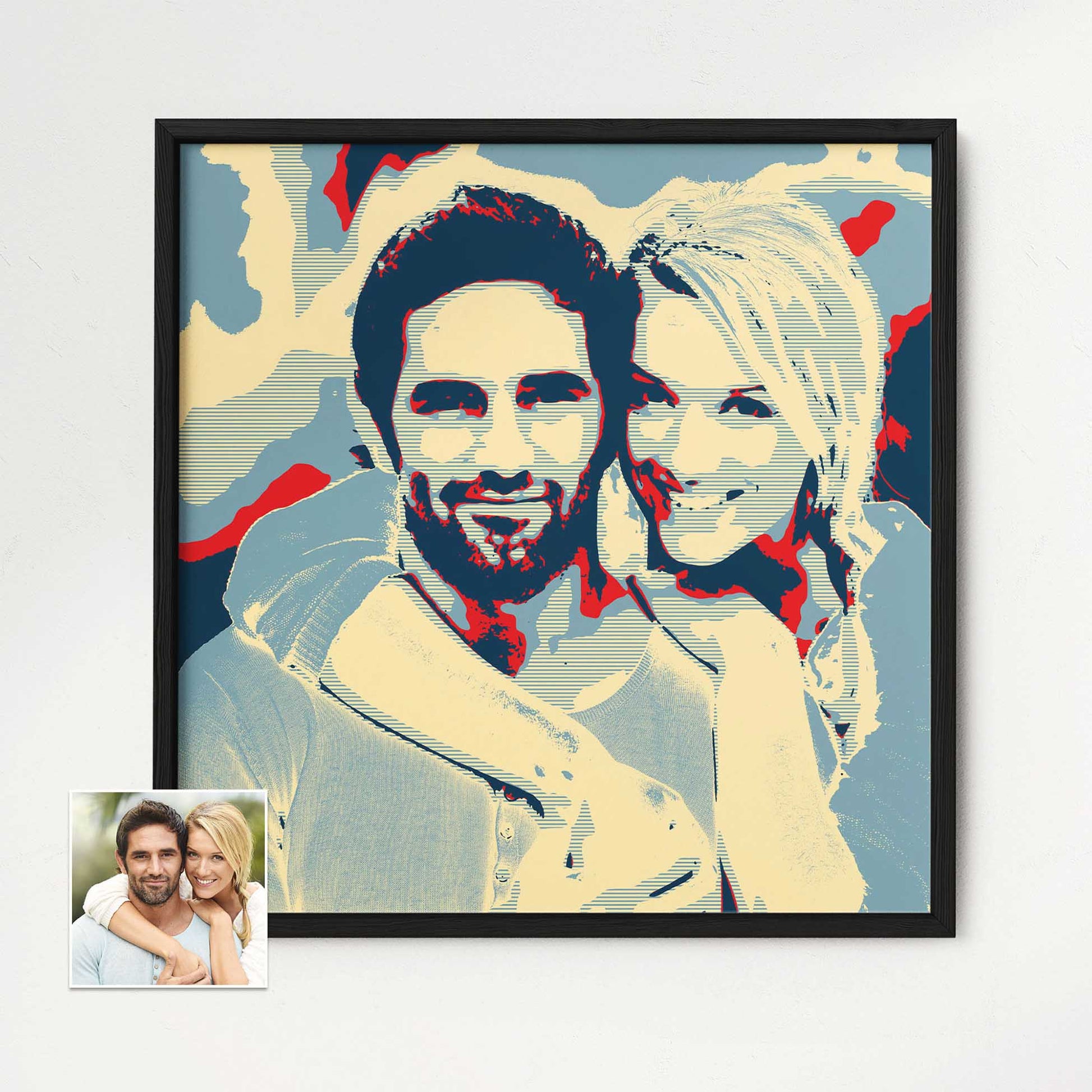 Personalised Election Poster Framed Print: A visual masterpiece created from your photo. The pop art effect adds a unique and vibrant touch, while the cool and sharp design brings a modern feel. With its gallery-quality wooden frame