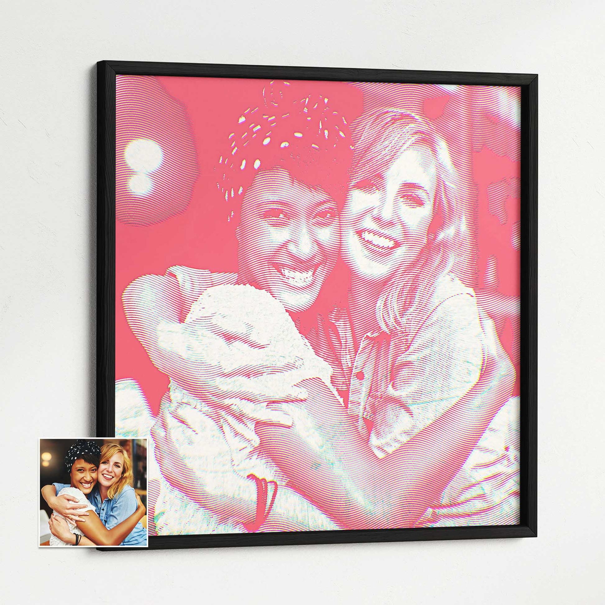 Transform your favorite photo into an elegant Personalised Pink Engraving Framed Print. The engraving effect adds a modern and contemporary style, making it a cool and unique addition to your home decor, made to order