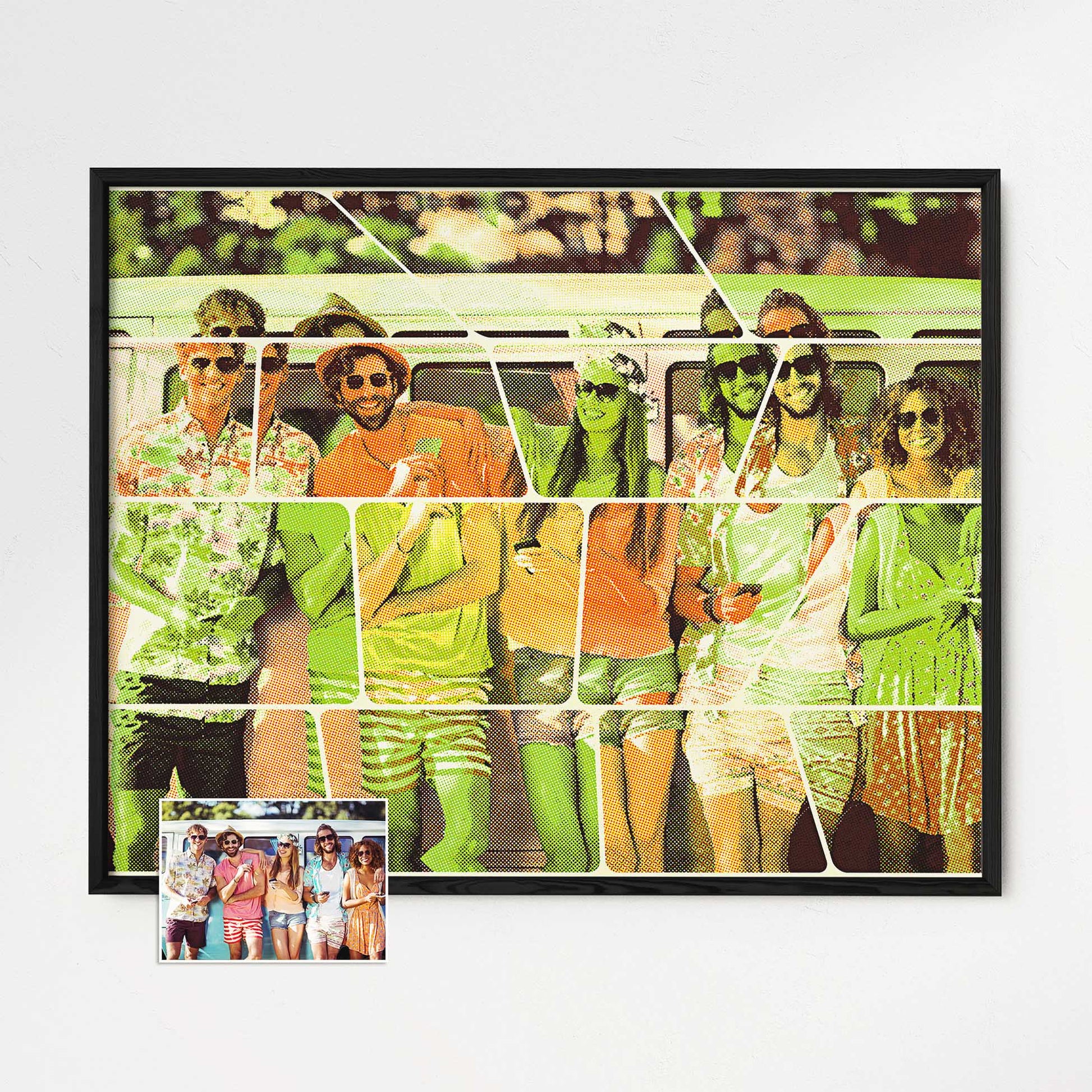 Transform your photo into a Personalised Vintage Comics Framed Print. The retro effect and old-school texture lend a nostalgic vibe to this full-color print. With vibrant green and orange hues, it ignites imagination and evokes a creative spirit