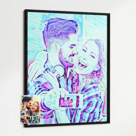 Personalised Blue Drawing Framed Print: Turn your favorite photo into a stunning artwork with a pencil effect. This unique and cool piece adds a quirky and creative touch to your home or office decor. It's an original and fresh gift idea 